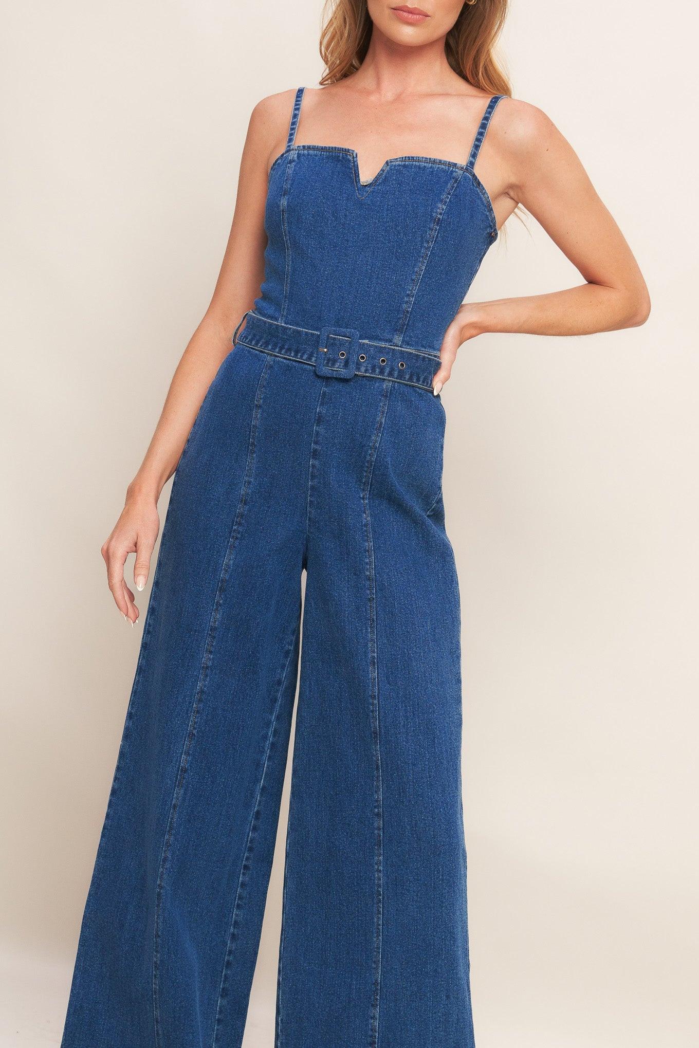 Expert Sweetness Medium Indigo Denim Jumpsuit, view 2 — Soul Flow Apparel