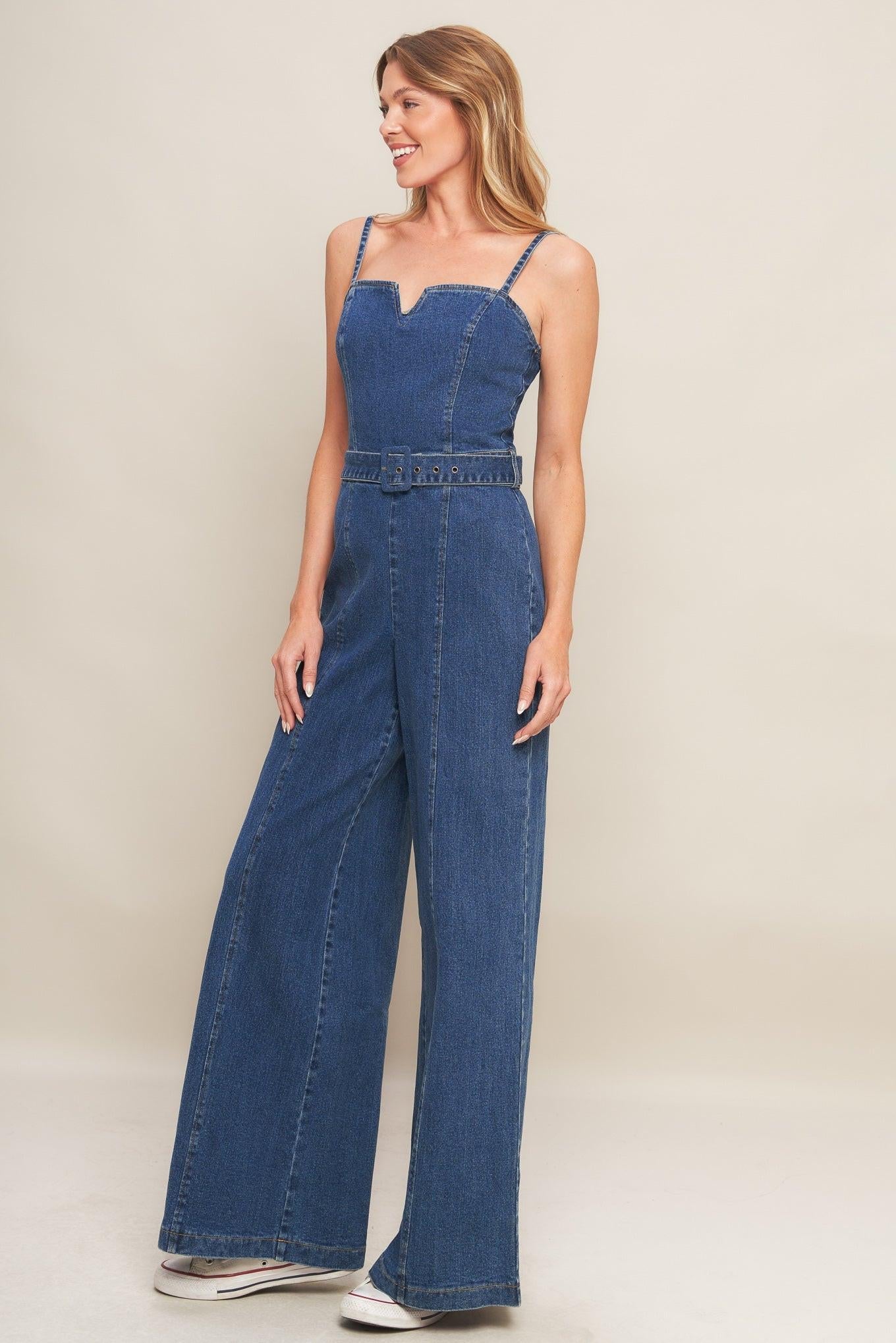Expert Sweetness Medium Indigo Denim Jumpsuit, view 4 — Soul Flow Apparel
