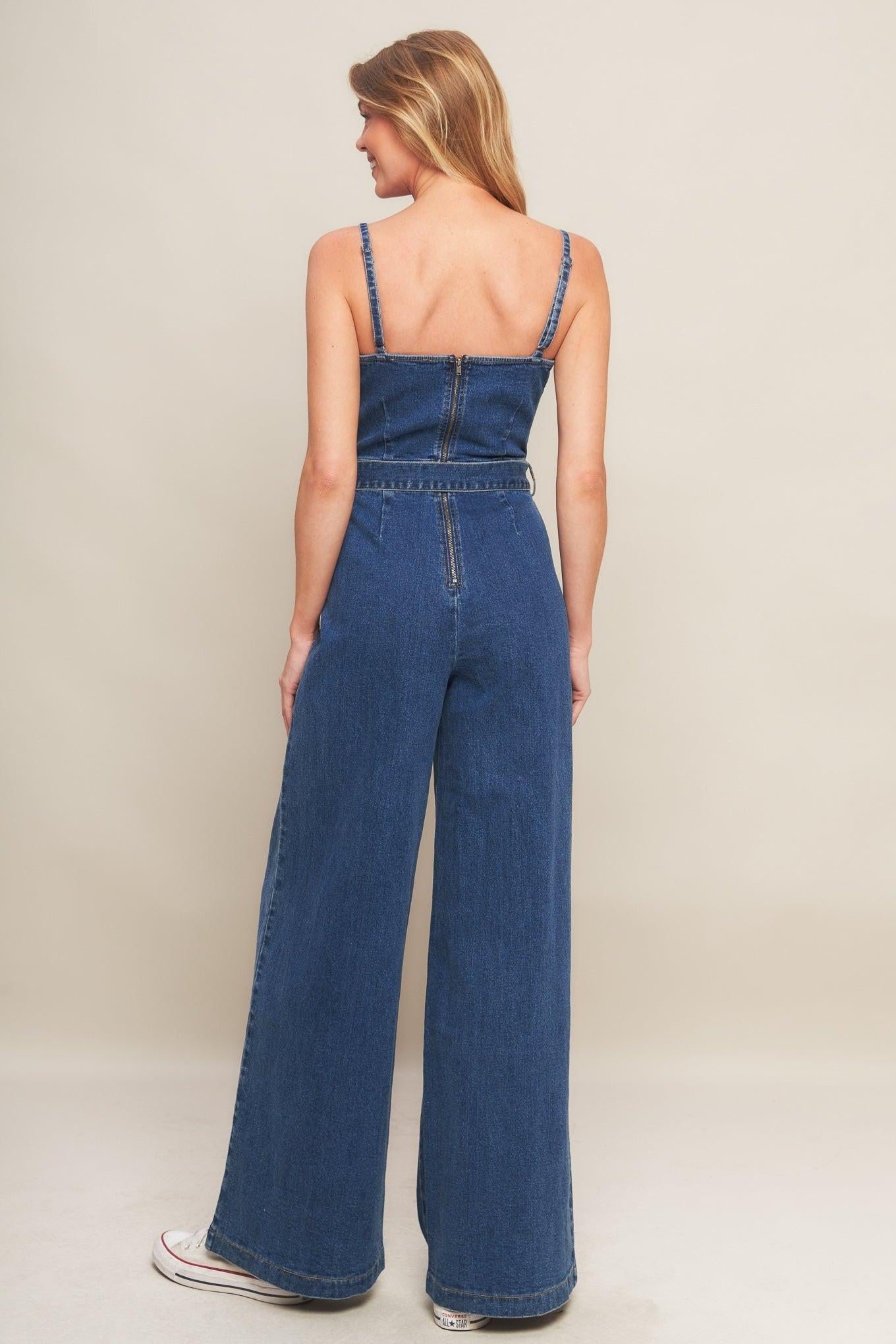 Expert Sweetness Medium Indigo Denim Jumpsuit, view 5 — Soul Flow Apparel