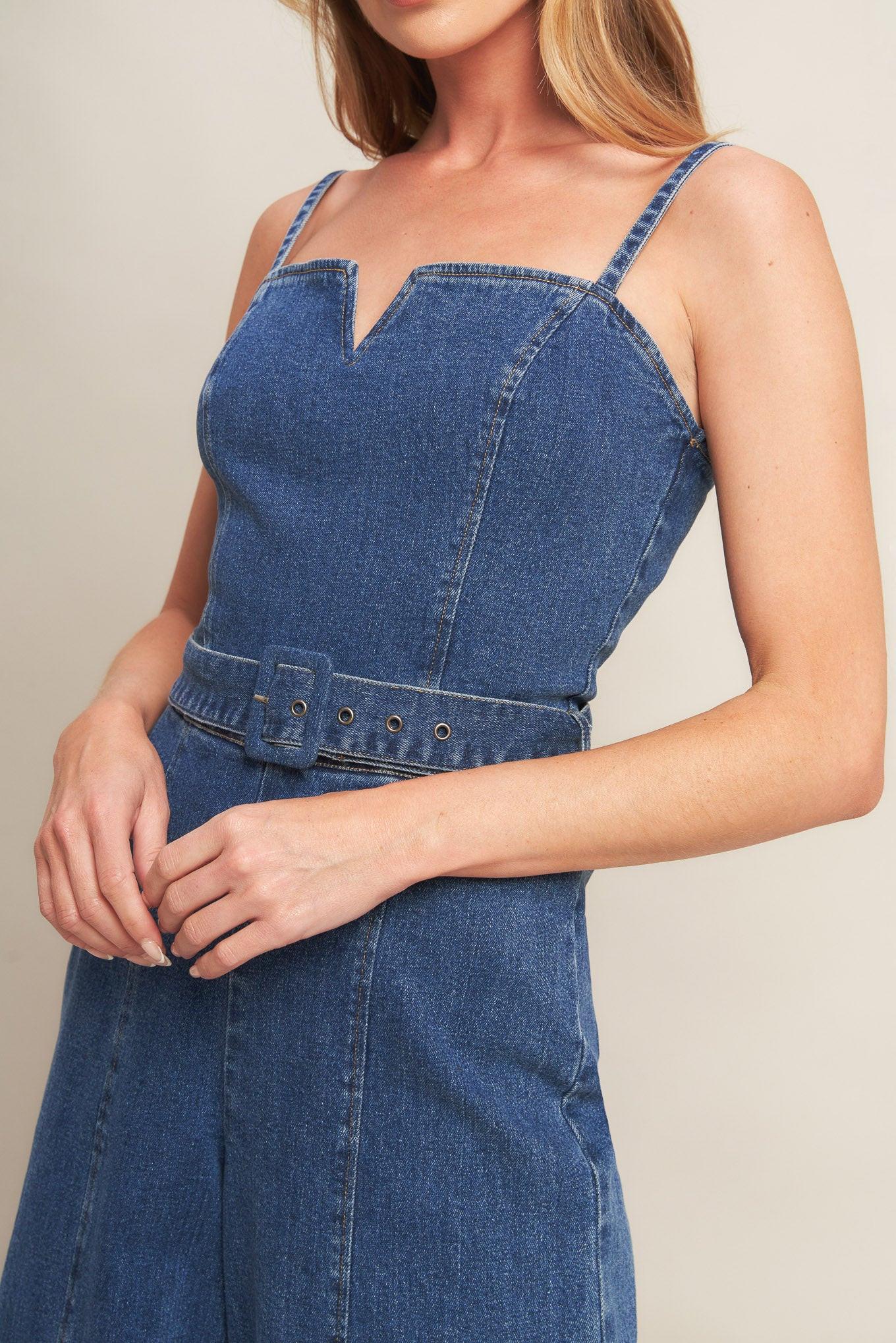 Expert Sweetness Medium Indigo Denim Jumpsuit, view 8 — Soul Flow Apparel