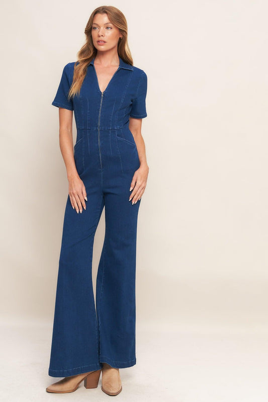 Shy Girl Medium Indigo Denim Jumpsuit, view 2 — Soul Flow Apparel