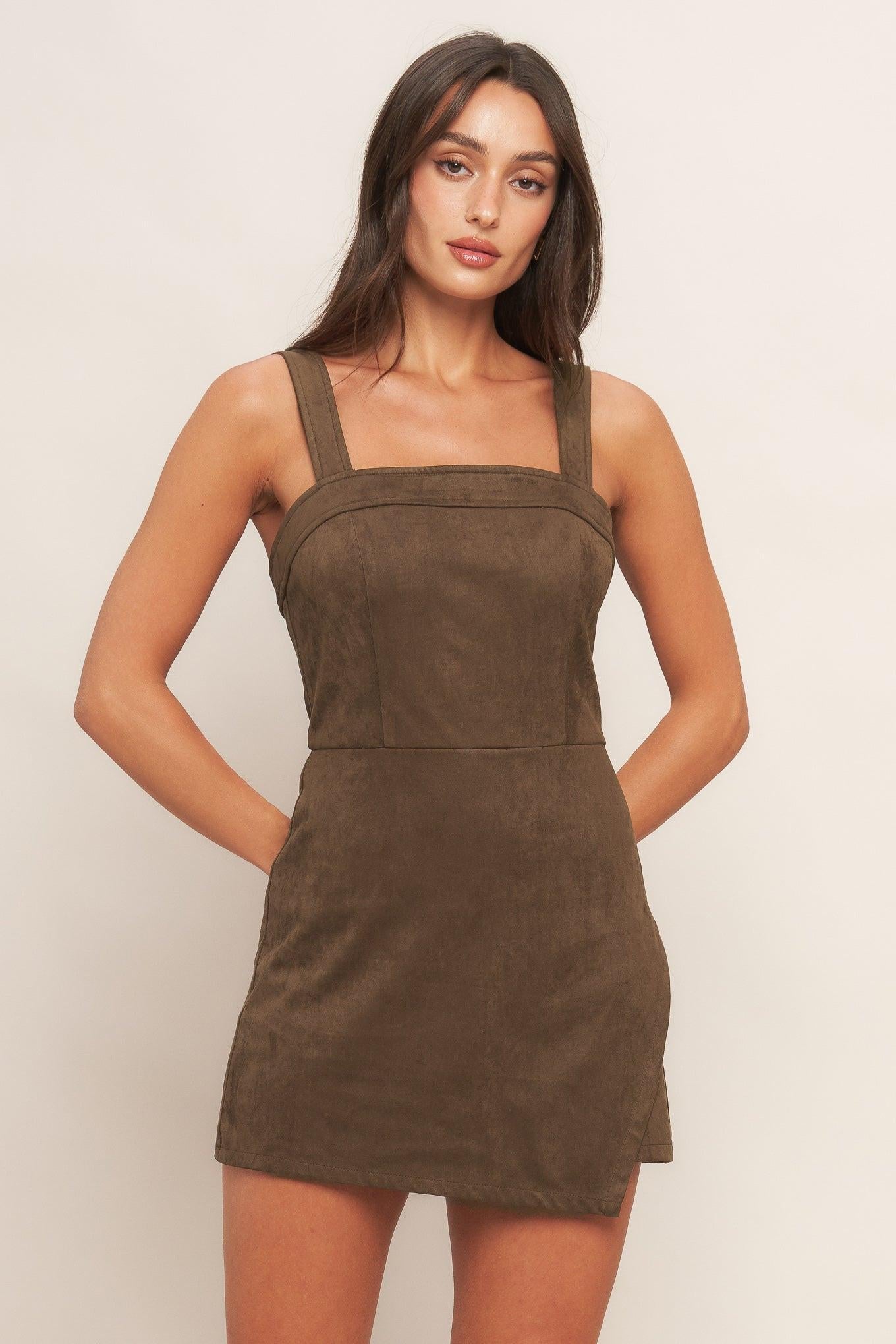 Brown Sugar Glow Faux Suede Romper, view 2 — Soul Flow Apparel