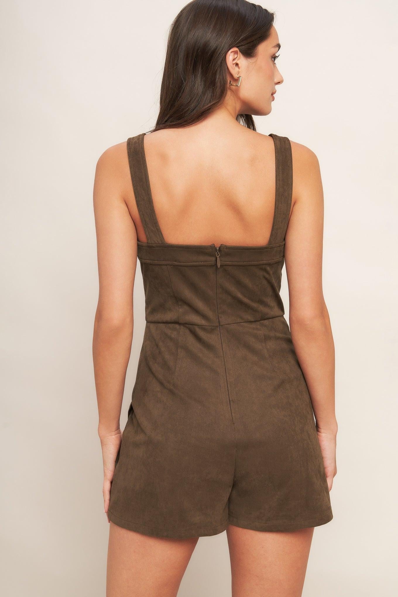 Brown Sugar Glow Faux Suede Romper, view 4 — Soul Flow Apparel