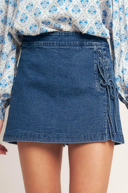 City Lace-Up Denim Skort in medium indigo, view 5 — Soul Flow Apparel