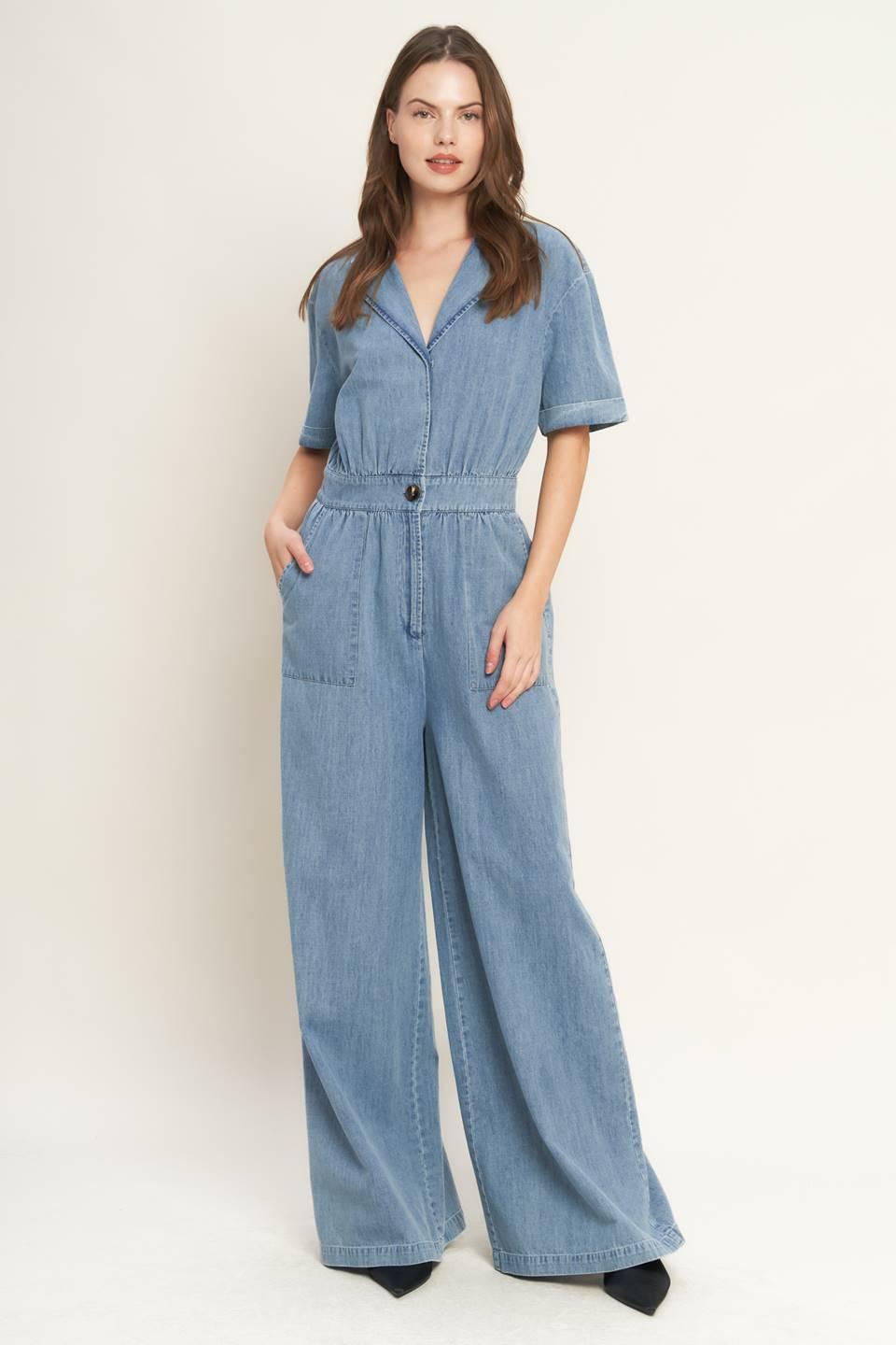 Quiet Luxury Lightweight Denim Jumpsuit in light indigo, view 1 — Soul Flow Apparel