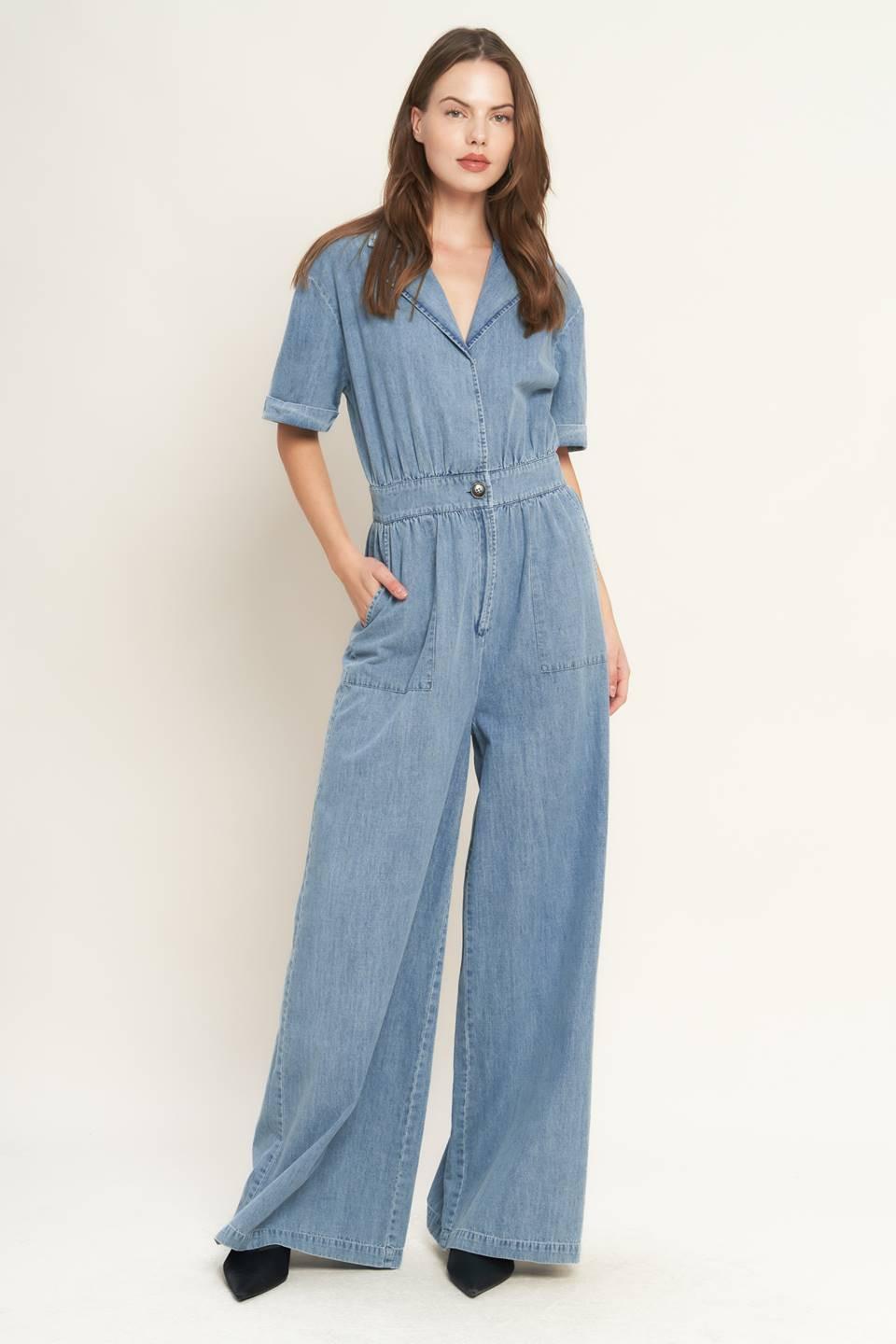 Quiet Luxury Lightweight Denim Jumpsuit in light indigo, view 2 — Soul Flow Apparel