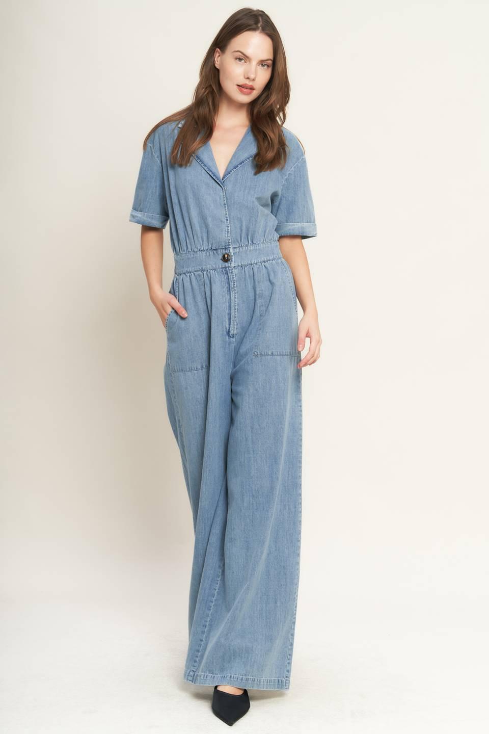 Quiet Luxury Lightweight Denim Jumpsuit in light indigo, view 3 — Soul Flow Apparel