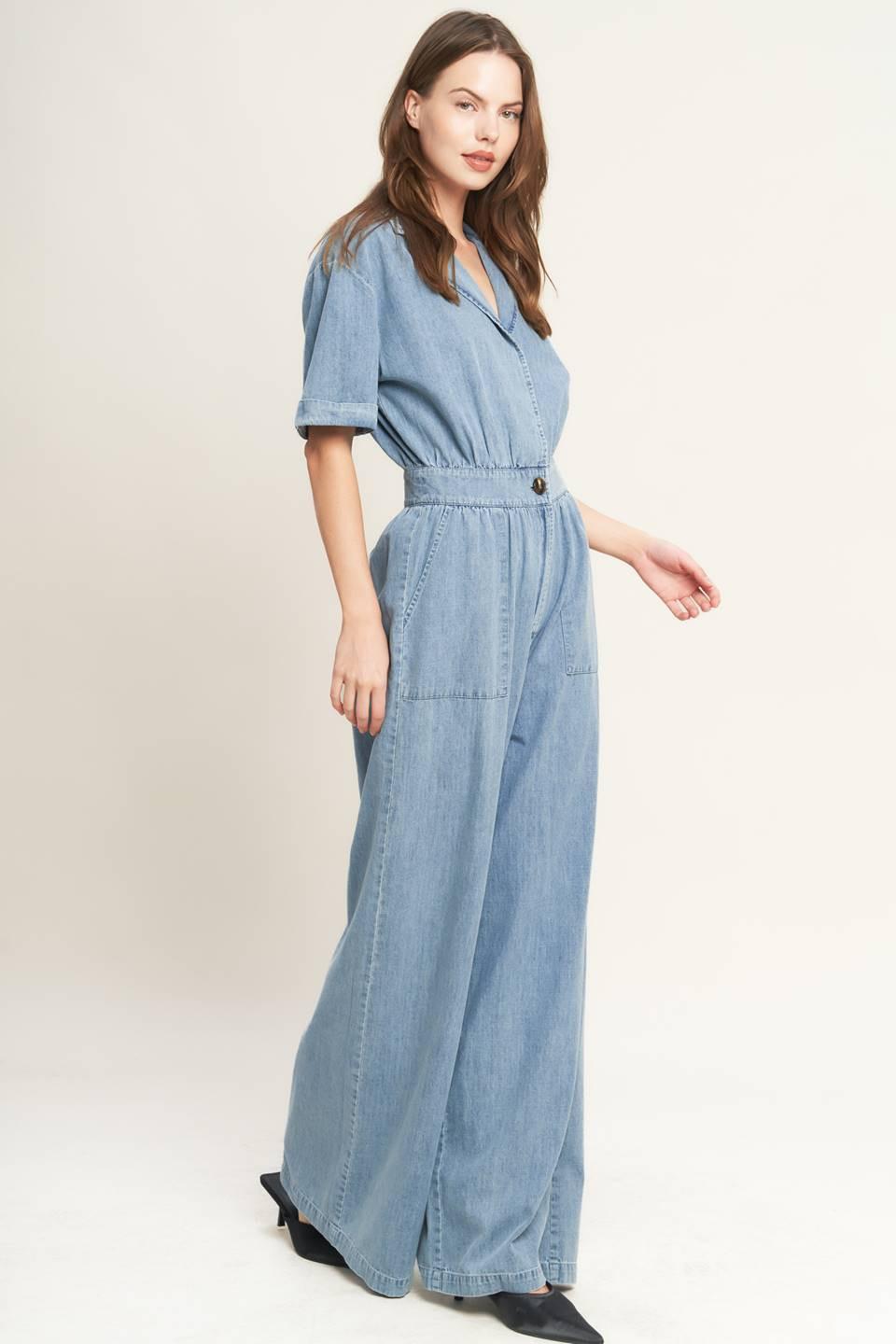 Quiet Luxury Lightweight Denim Jumpsuit in light indigo, view 4 — Soul Flow Apparel