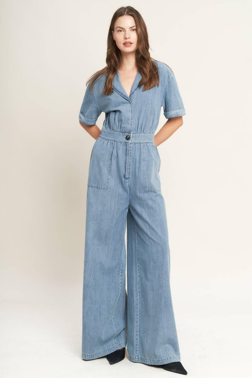 Quiet Luxury Lightweight Denim Jumpsuit in light indigo, view 5 — Soul Flow Apparel