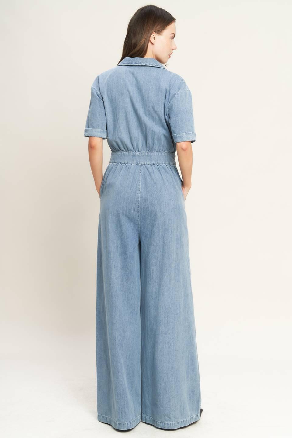 Quiet Luxury Lightweight Denim Jumpsuit in light indigo, view 6 — Soul Flow Apparel