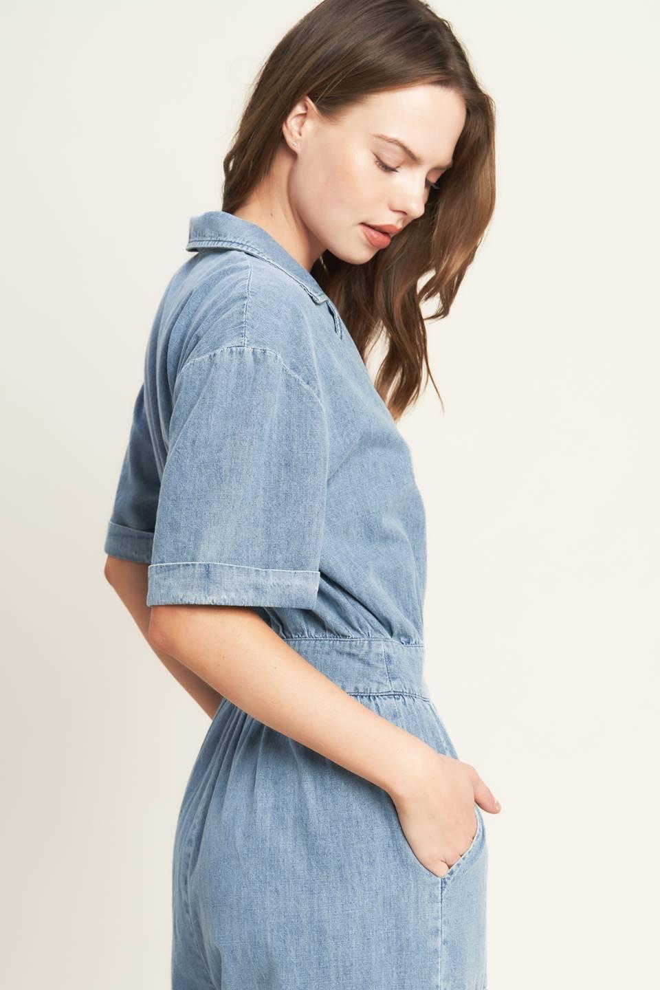 Quiet Luxury Lightweight Denim Jumpsuit in light indigo, view 7 — Soul Flow Apparel