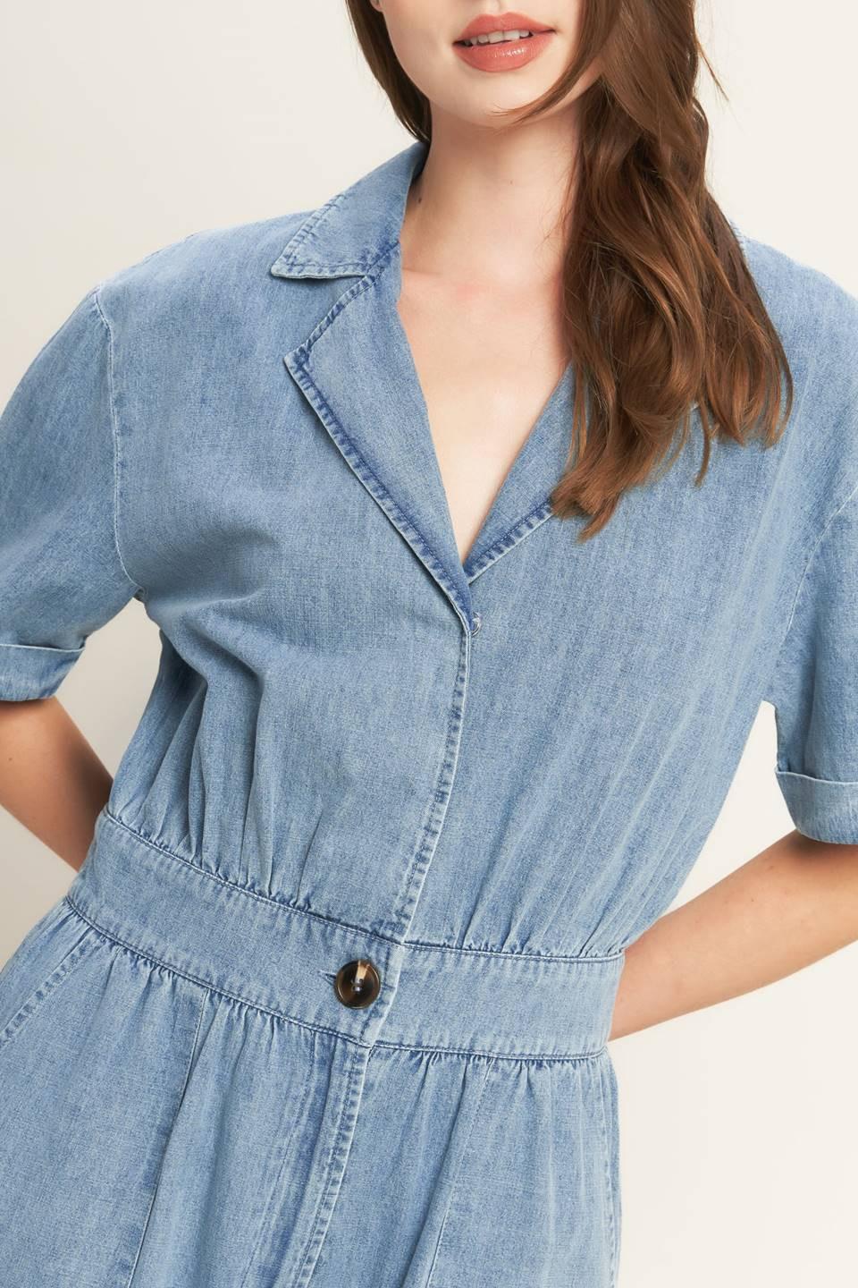 Quiet Luxury Lightweight Denim Jumpsuit in light indigo, view 8 — Soul Flow Apparel
