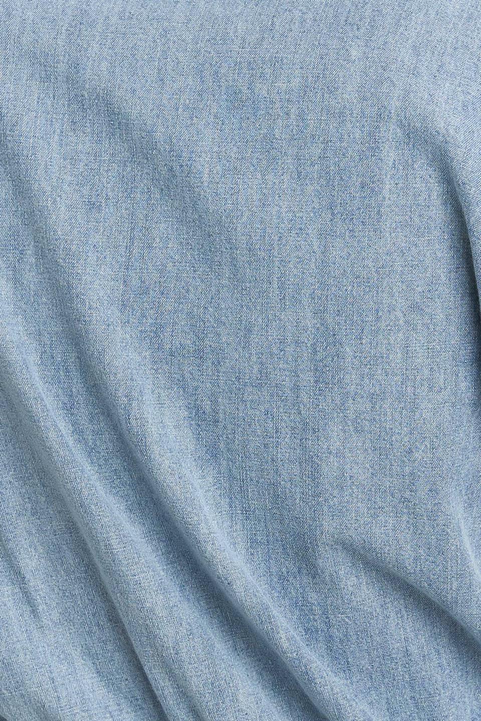 Quiet Luxury Lightweight Denim Jumpsuit in light indigo, fabric swatch — Soul Flow Apparel