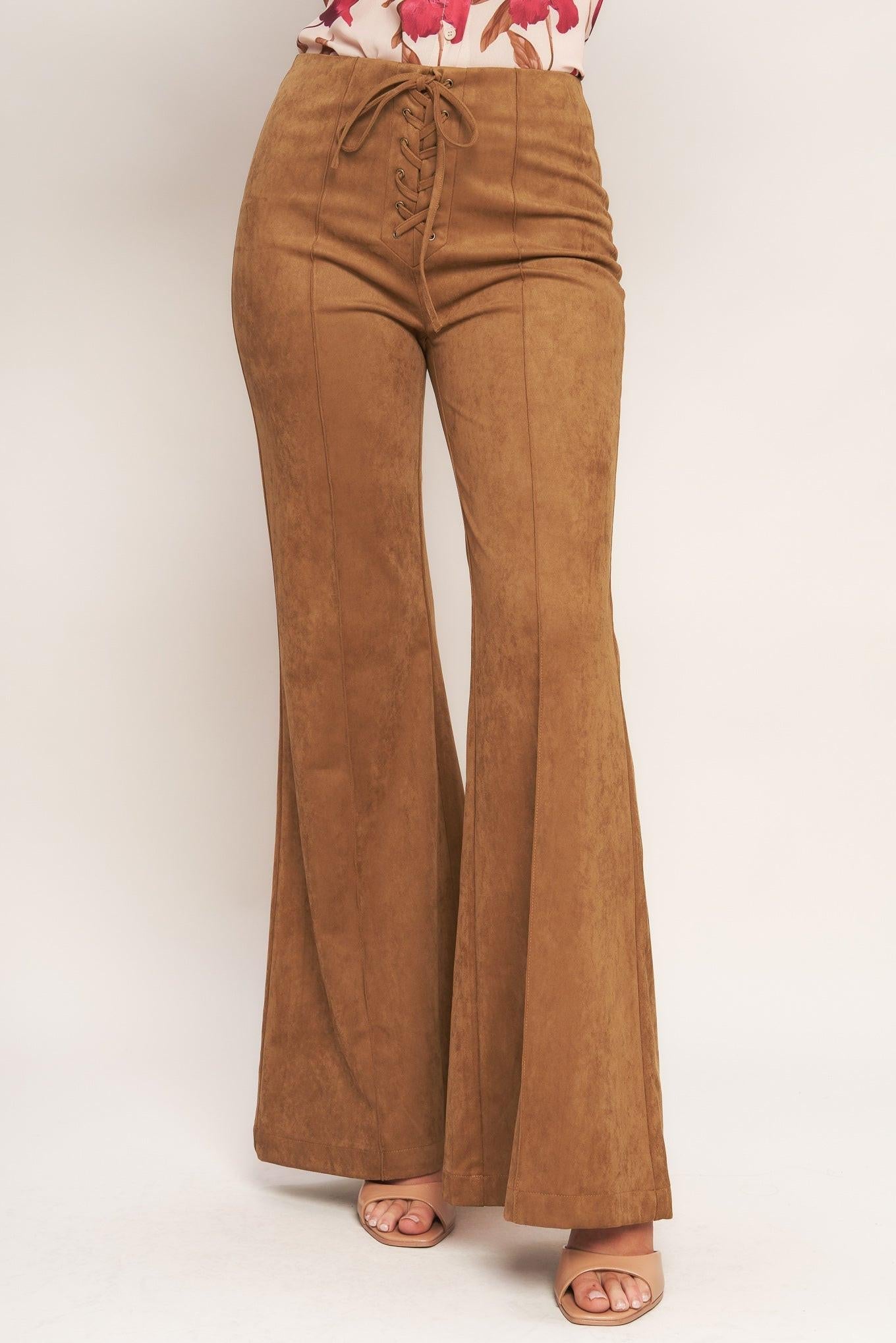 Wild Honey Faux Suede Pants in camel, view 1 — Soul Flow Apparel