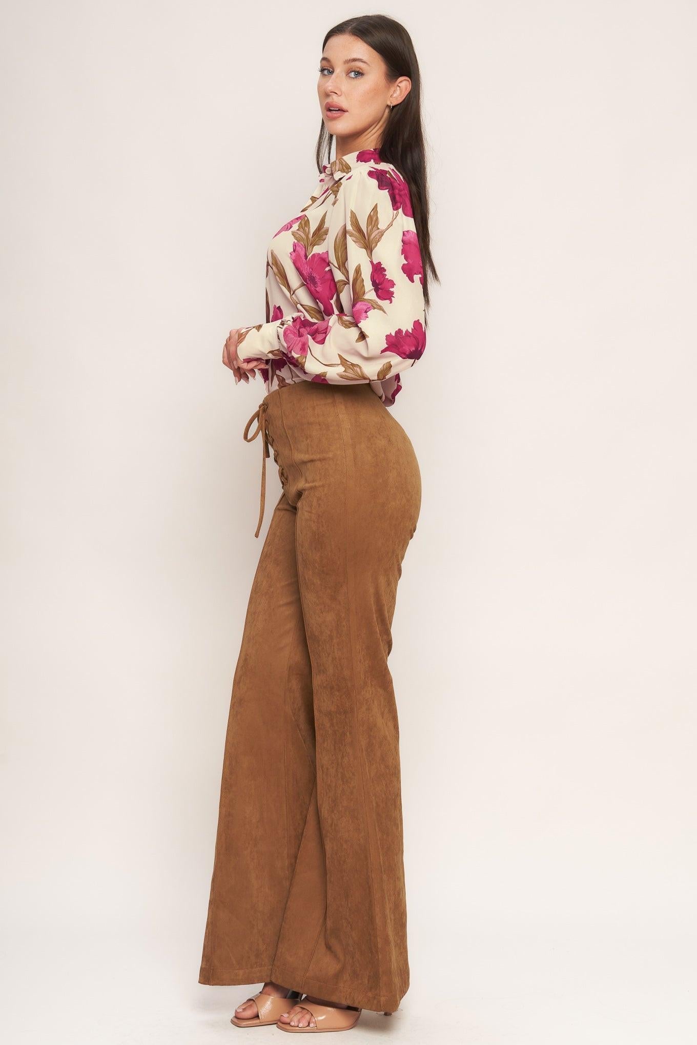 Wild Honey Faux Suede Pants in camel, view 3 — Soul Flow Apparel