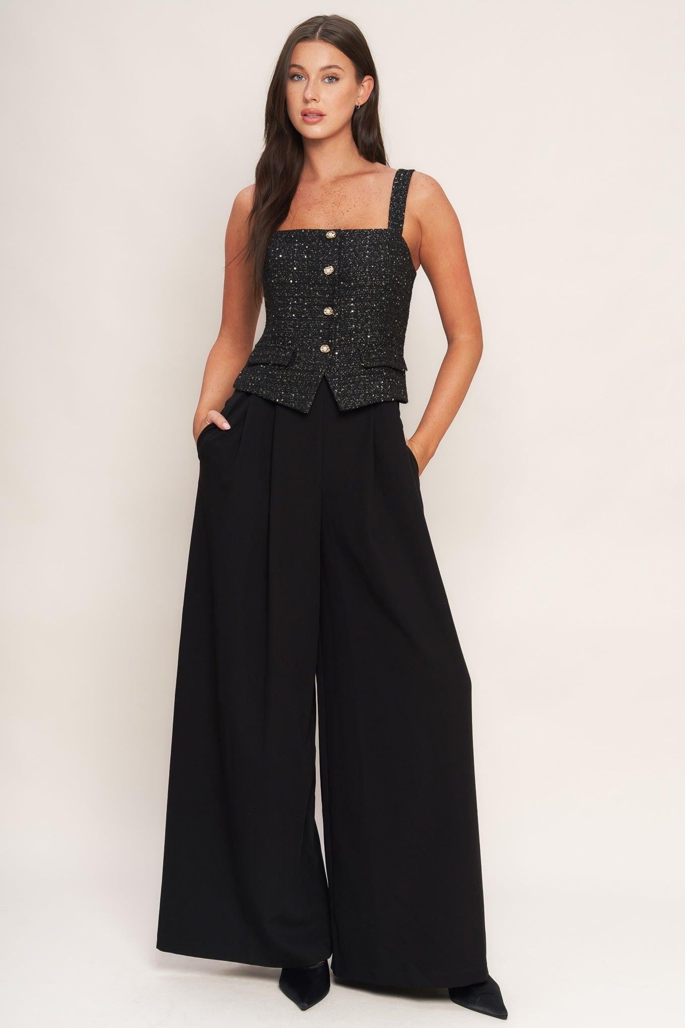 Midnight Parisienne Woven Jumpsuit in black, view 1 — Soul Flow Apparel