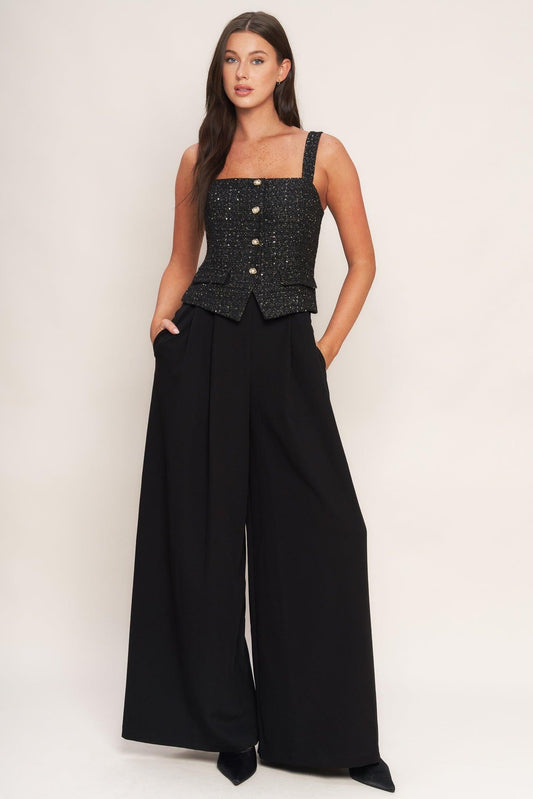 Midnight Parisienne Woven Jumpsuit in black, view 1 — Soul Flow Apparel