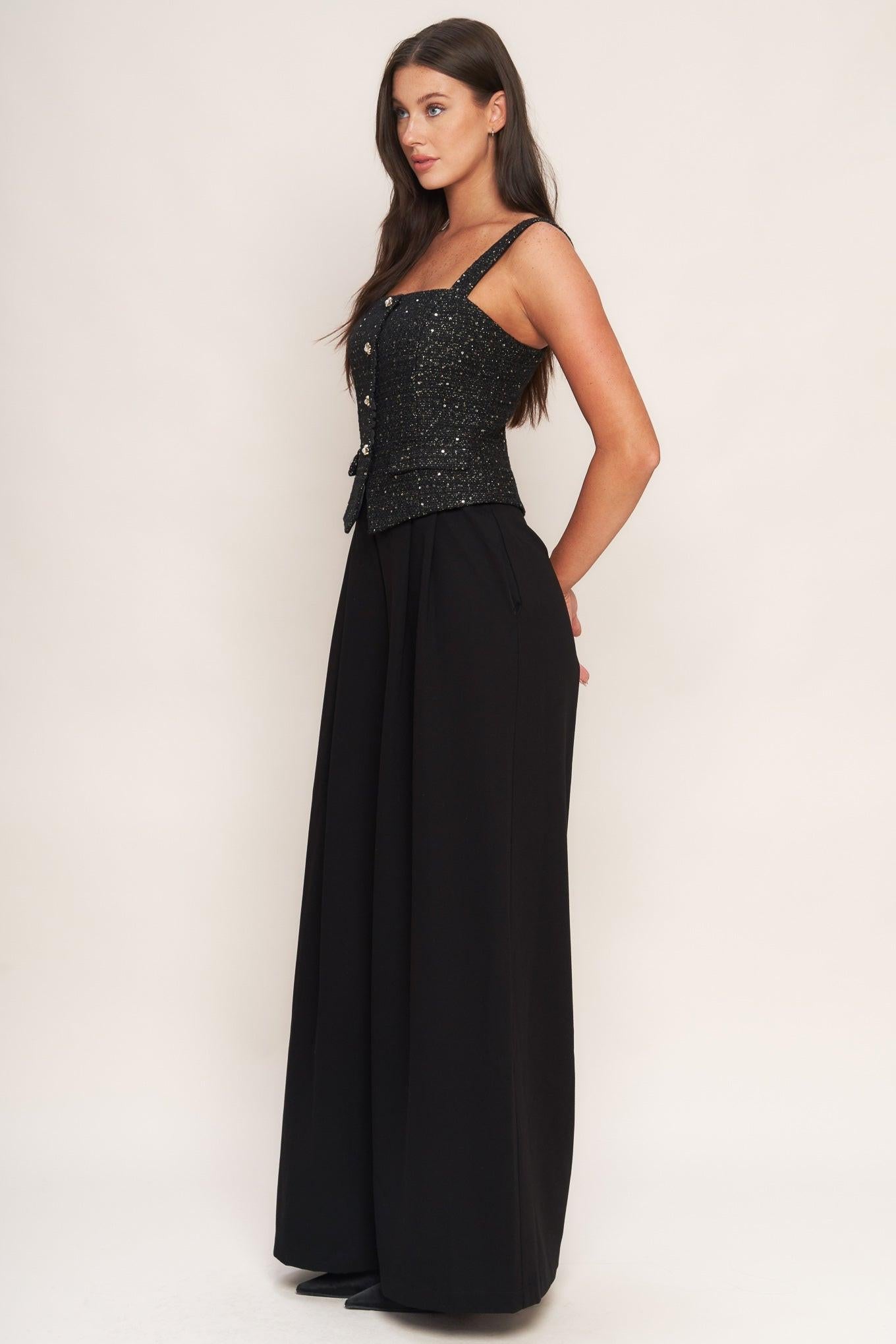 Midnight Parisienne Woven Jumpsuit in black, view 3 — Soul Flow Apparel
