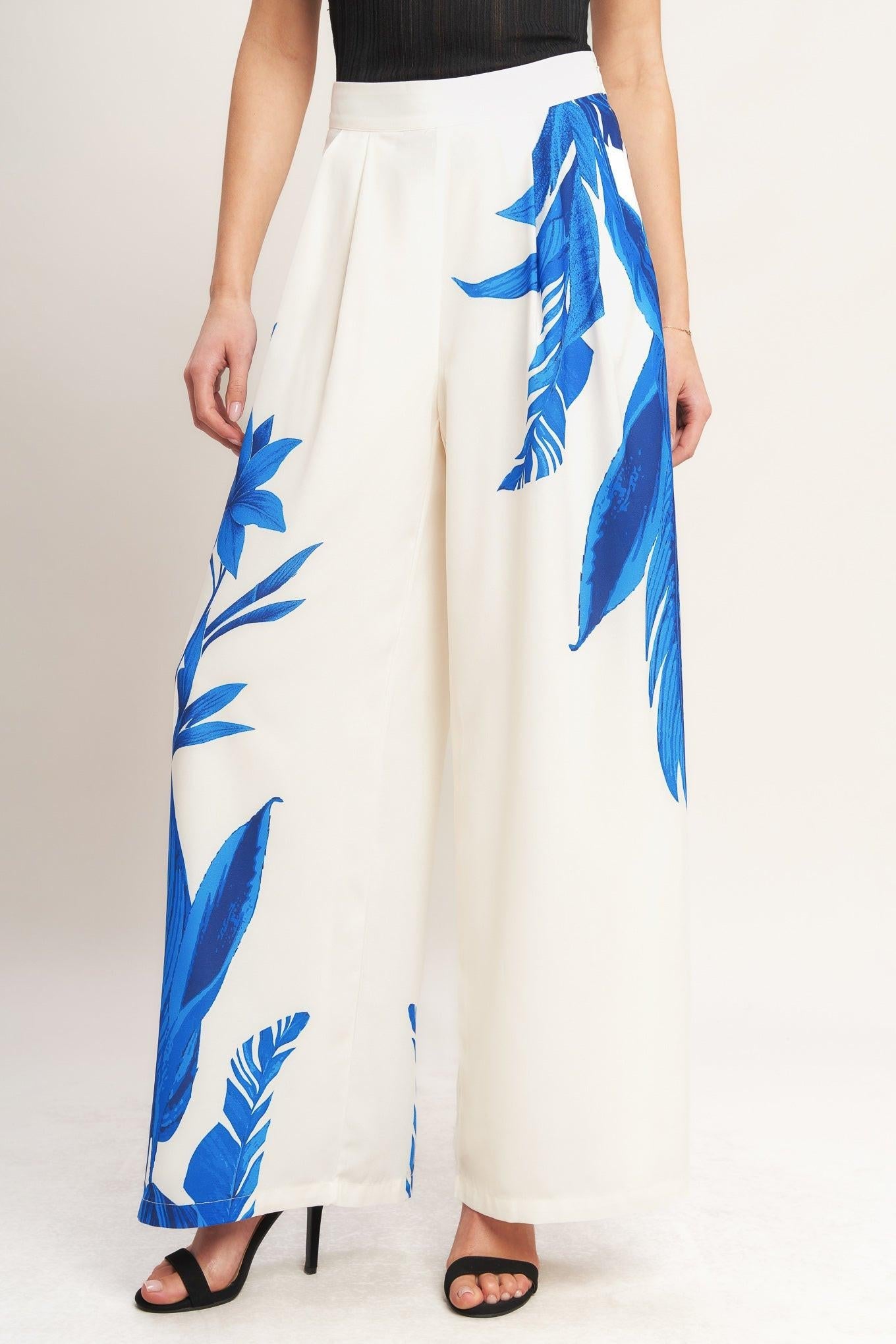 Asymmetrical Botanical Woven Pants in off-white, view 1 — Soul Flow Apparel