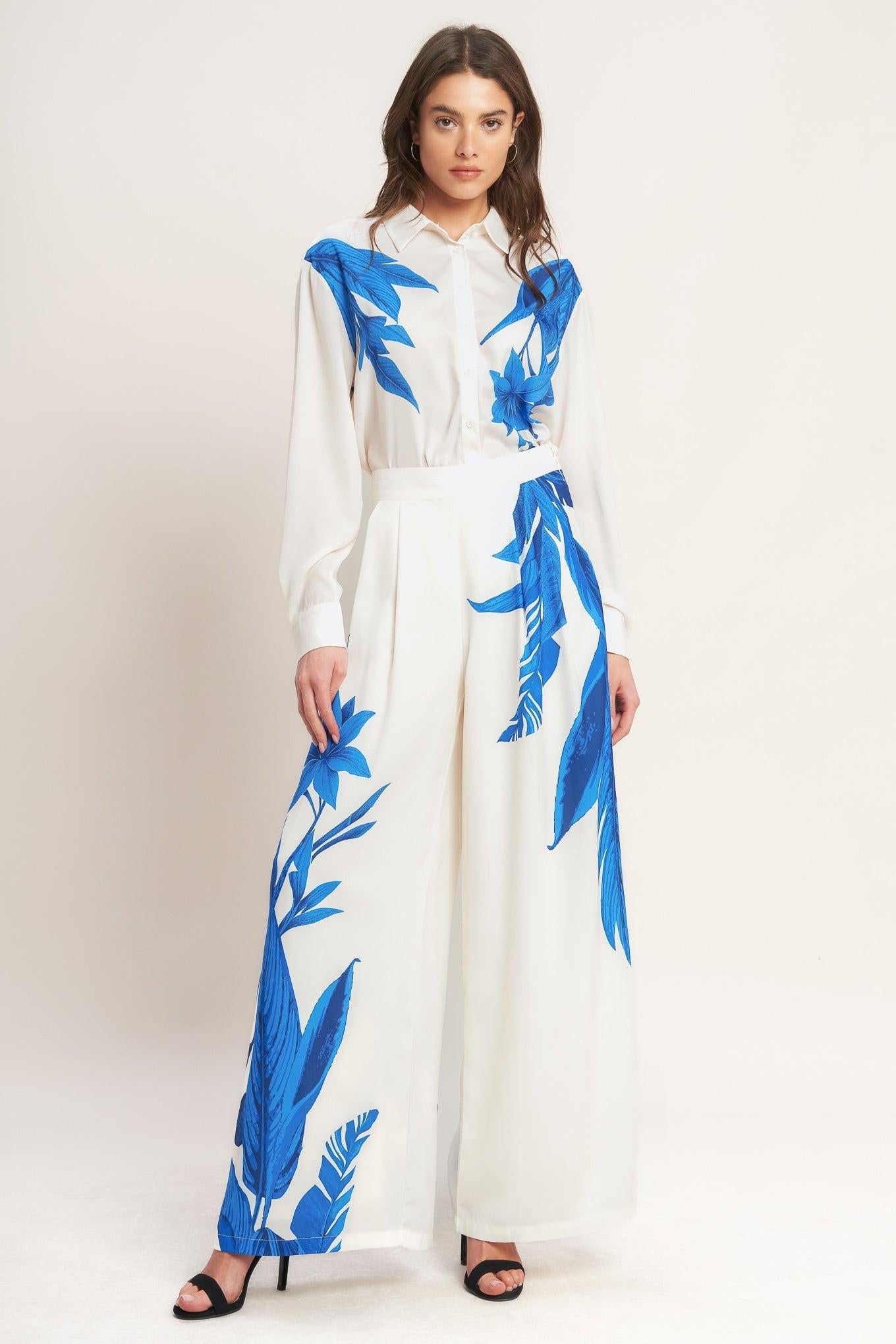 Asymmetrical Botanical Woven Pants in off-white, view 2 — Soul Flow Apparel
