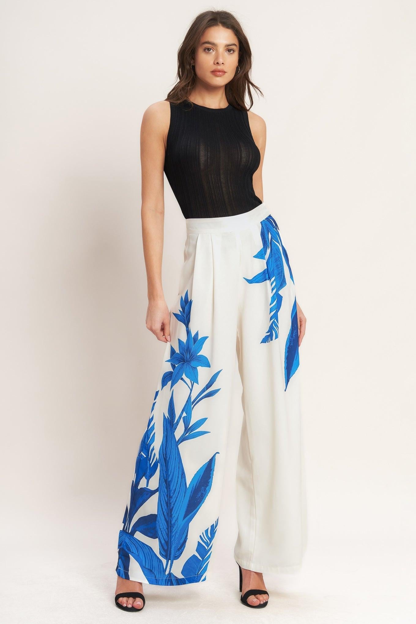 Asymmetrical Botanical Woven Pants in off-white, view 4 — Soul Flow Apparel