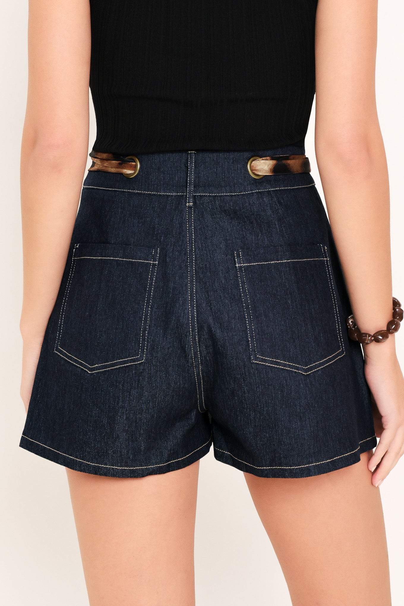 Leopard Tie Denim Skort in dark indigo, view 6 — Soul Flow Apparel