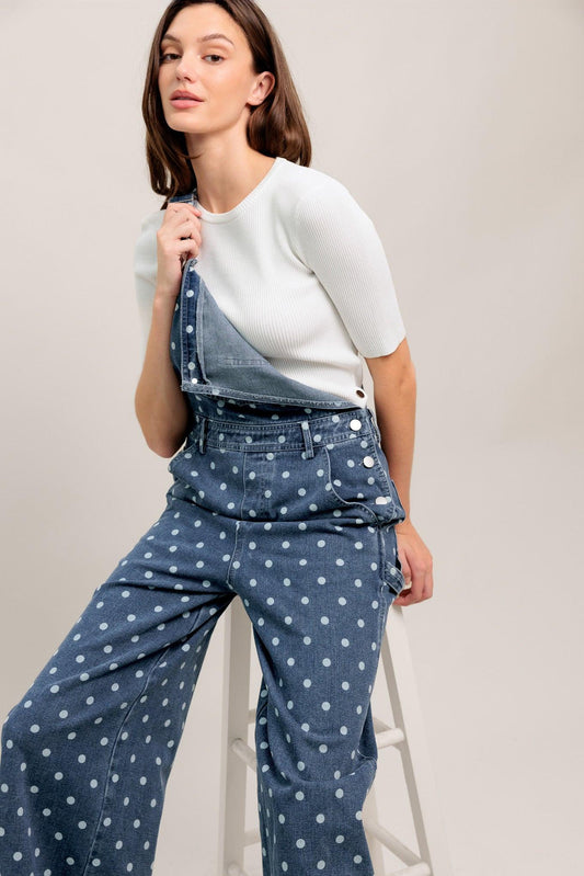 Everyday Polka Overall Denim Jumpsuit in medium indigo, view 7 — Soul Flow Apparel