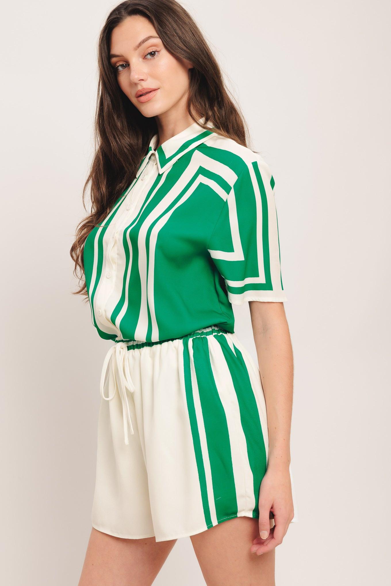 Riviera Stripe Woven Short in ivory green, view 1 — Soul Flow Apparel