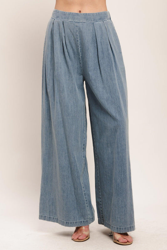 Relaxed Drape Lightweight Denim Pants in light indigo, view 1 — Soul Flow Apparel