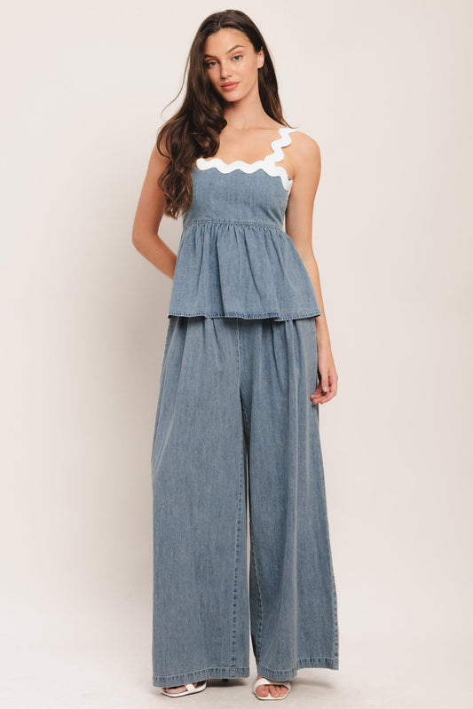 Relaxed Drape Lightweight Denim Pants in light indigo, view 2 — Soul Flow Apparel