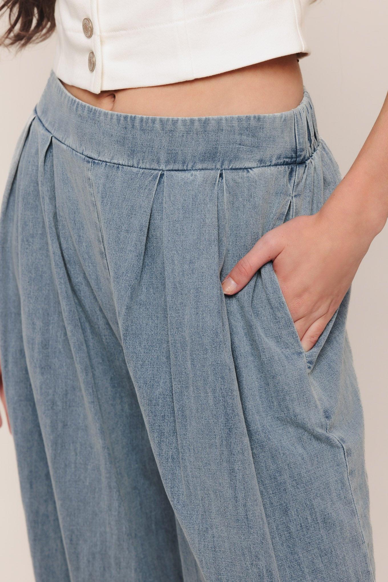 Relaxed Drape Lightweight Denim Pants in light indigo, view 3 — Soul Flow Apparel