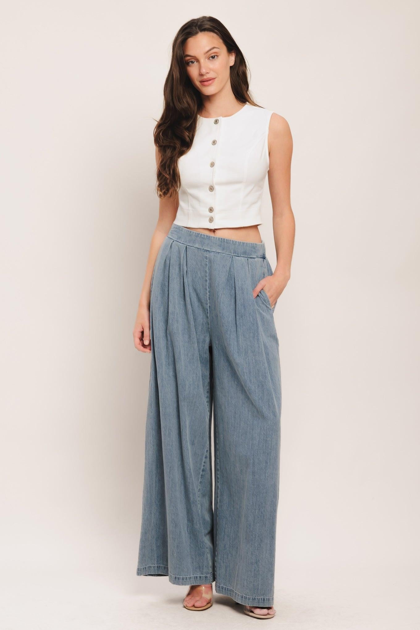 Relaxed Drape Lightweight Denim Pants in light indigo, view 4 — Soul Flow Apparel