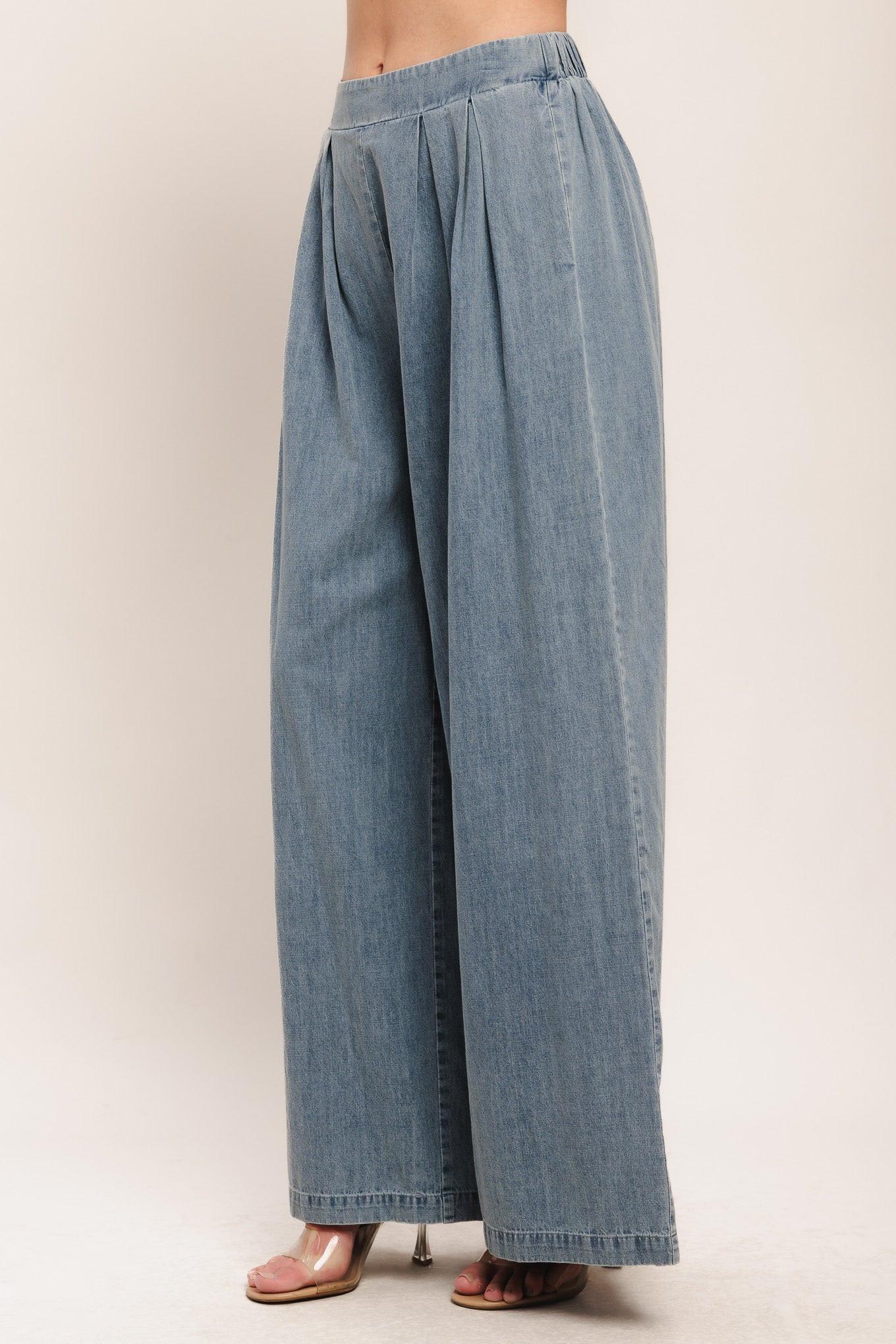 Relaxed Drape Lightweight Denim Pants in light indigo, view 5 — Soul Flow Apparel