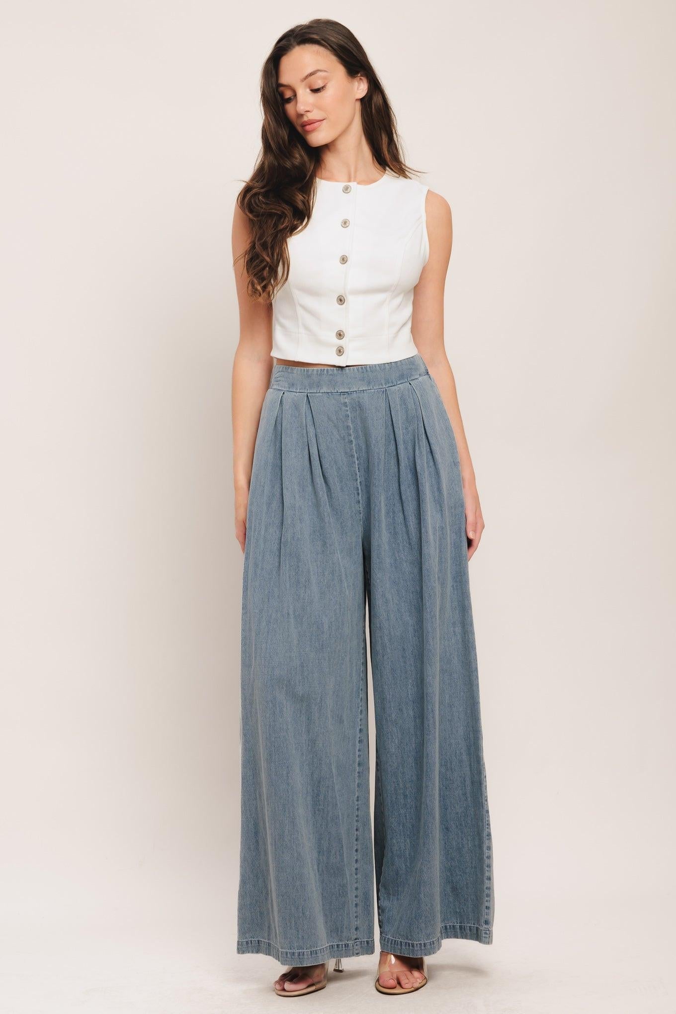 Relaxed Drape Lightweight Denim Pants in light indigo, view 6 — Soul Flow Apparel