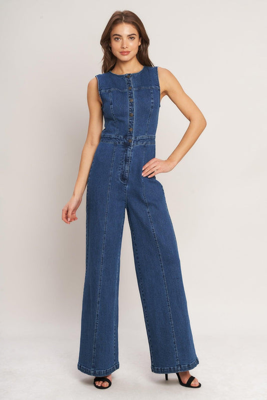 City Stroll Denim Jumpsuit in medium indigo, view 1 — Soul Flow Apparel
