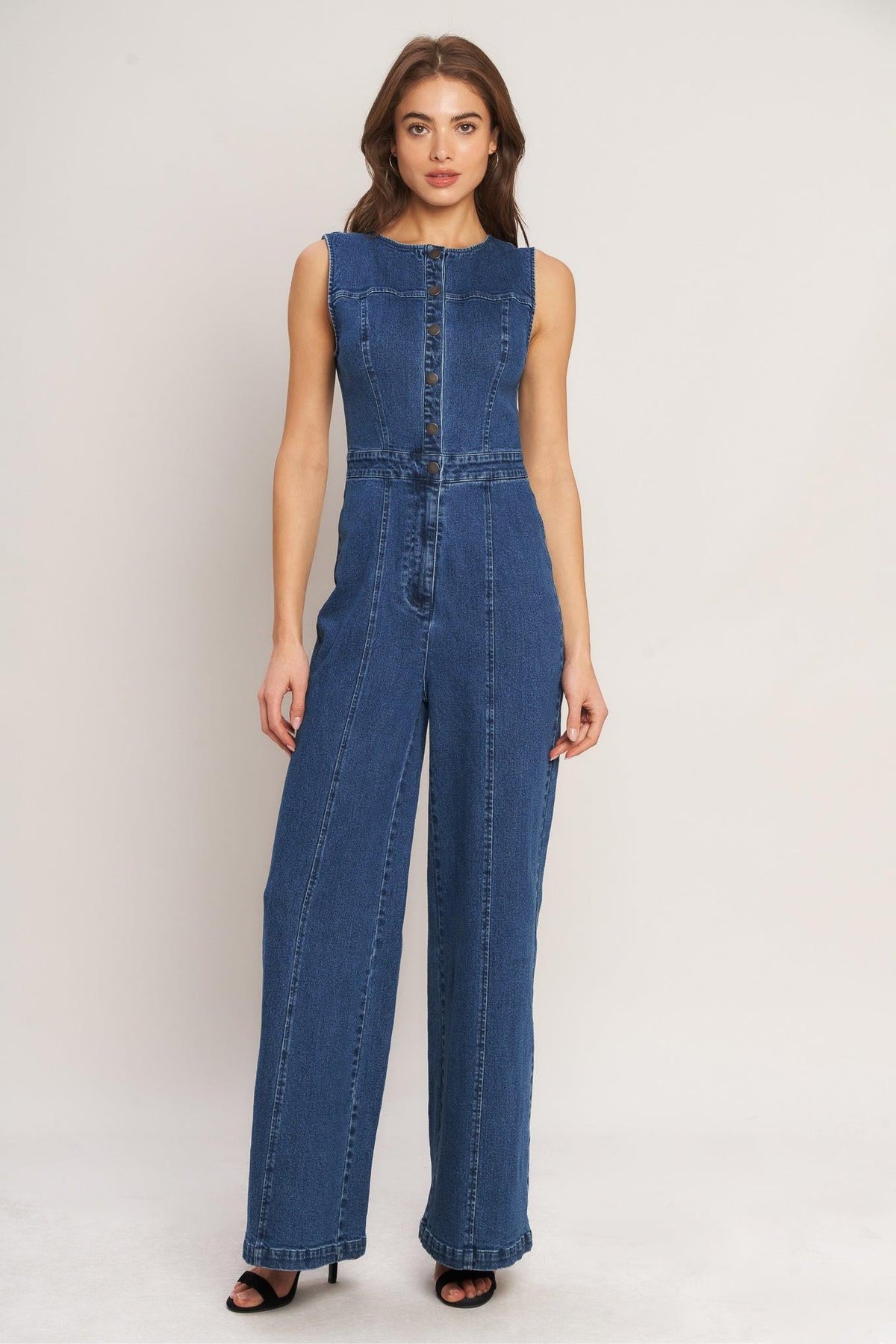 City Stroll Denim Jumpsuit in medium indigo, view 2 — Soul Flow Apparel