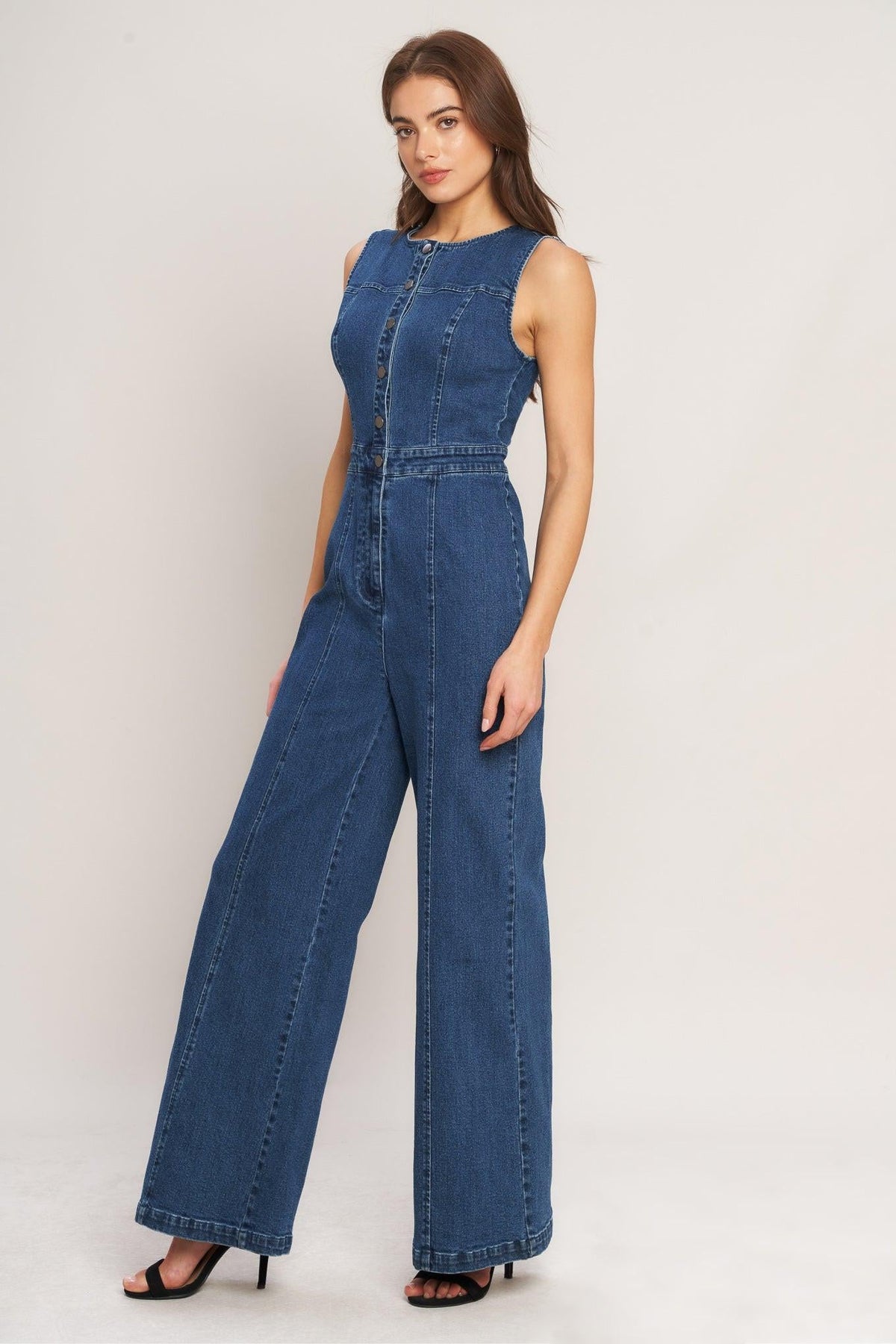 City Stroll Denim Jumpsuit in medium indigo, view 3 — Soul Flow Apparel