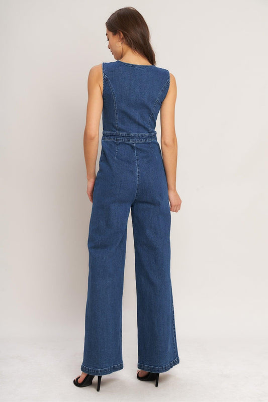 City Stroll Denim Jumpsuit in medium indigo, view 5 — Soul Flow Apparel