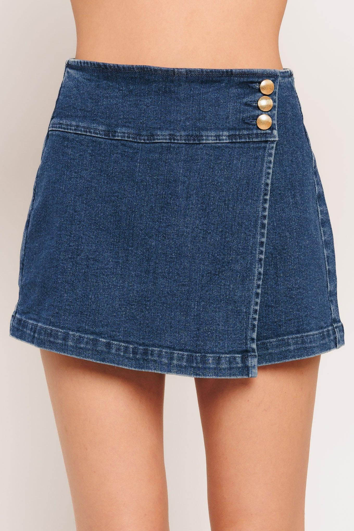 Texture Play Denim Skort in medium indigo, view 1 — Soul Flow Apparel