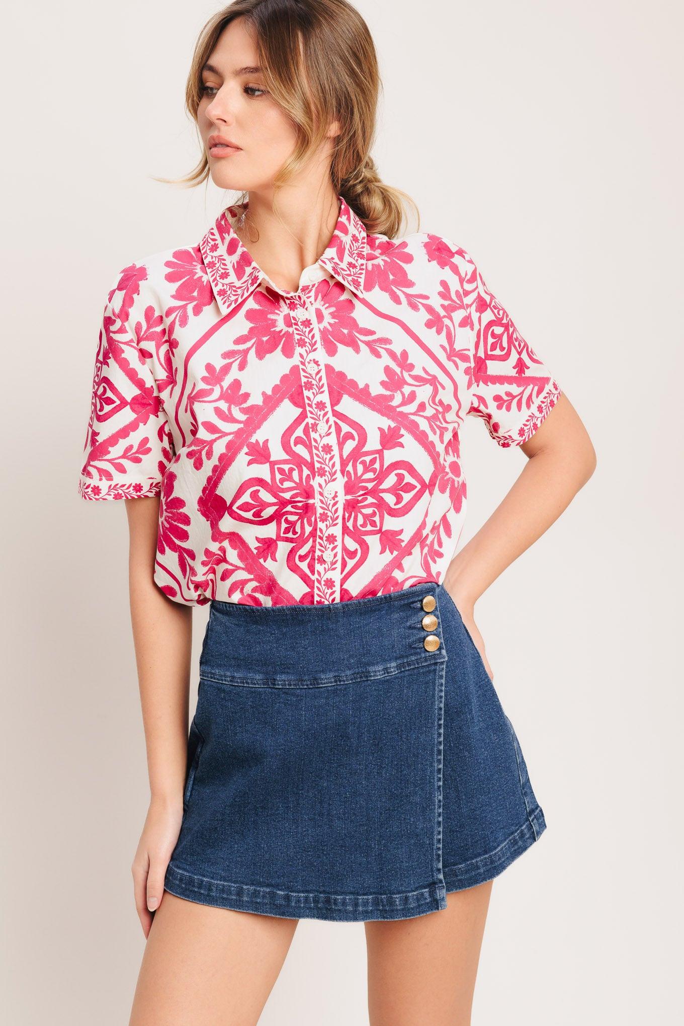 Texture Play Denim Skort in medium indigo, view 2 — Soul Flow Apparel