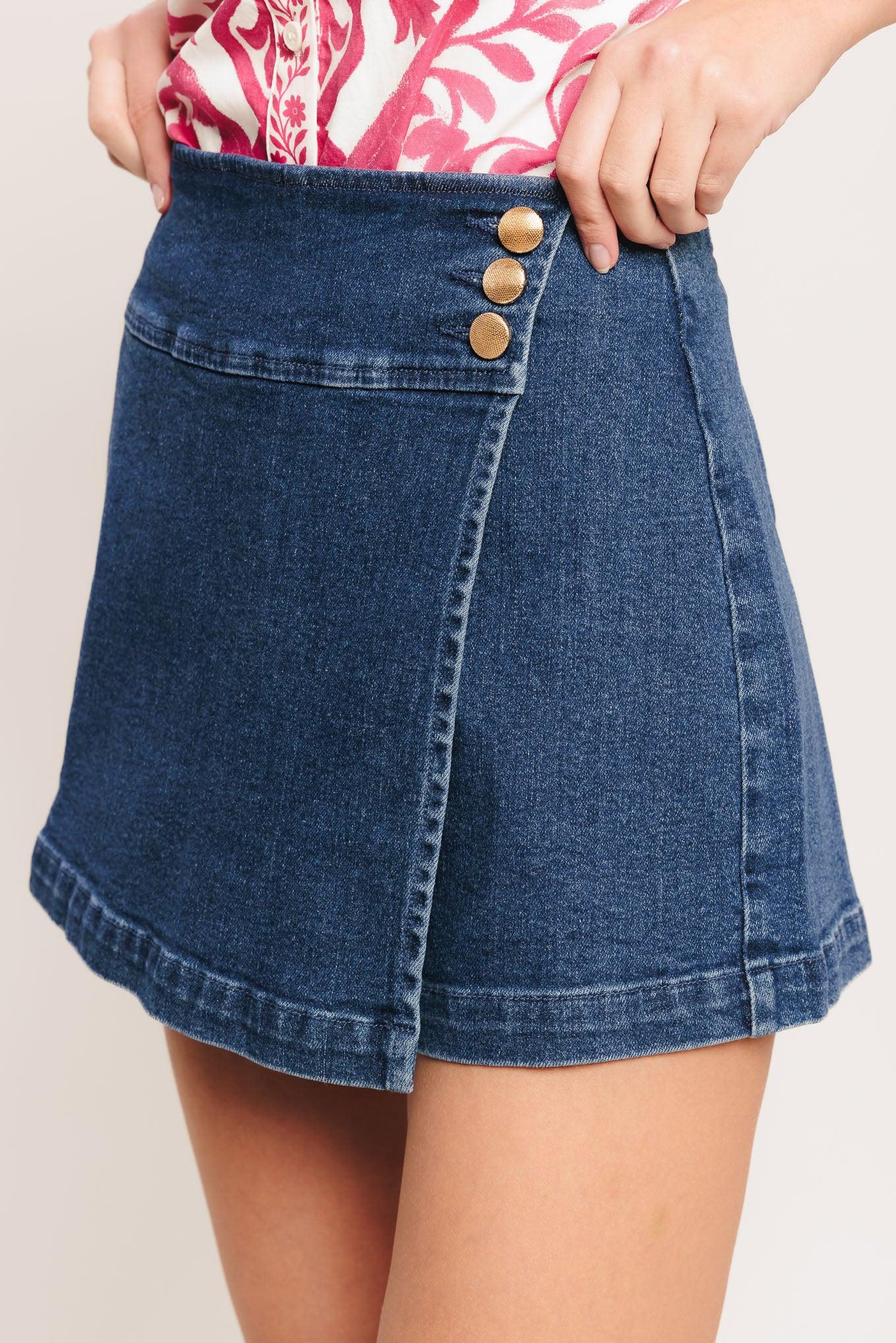 Texture Play Denim Skort in medium indigo, view 3 — Soul Flow Apparel