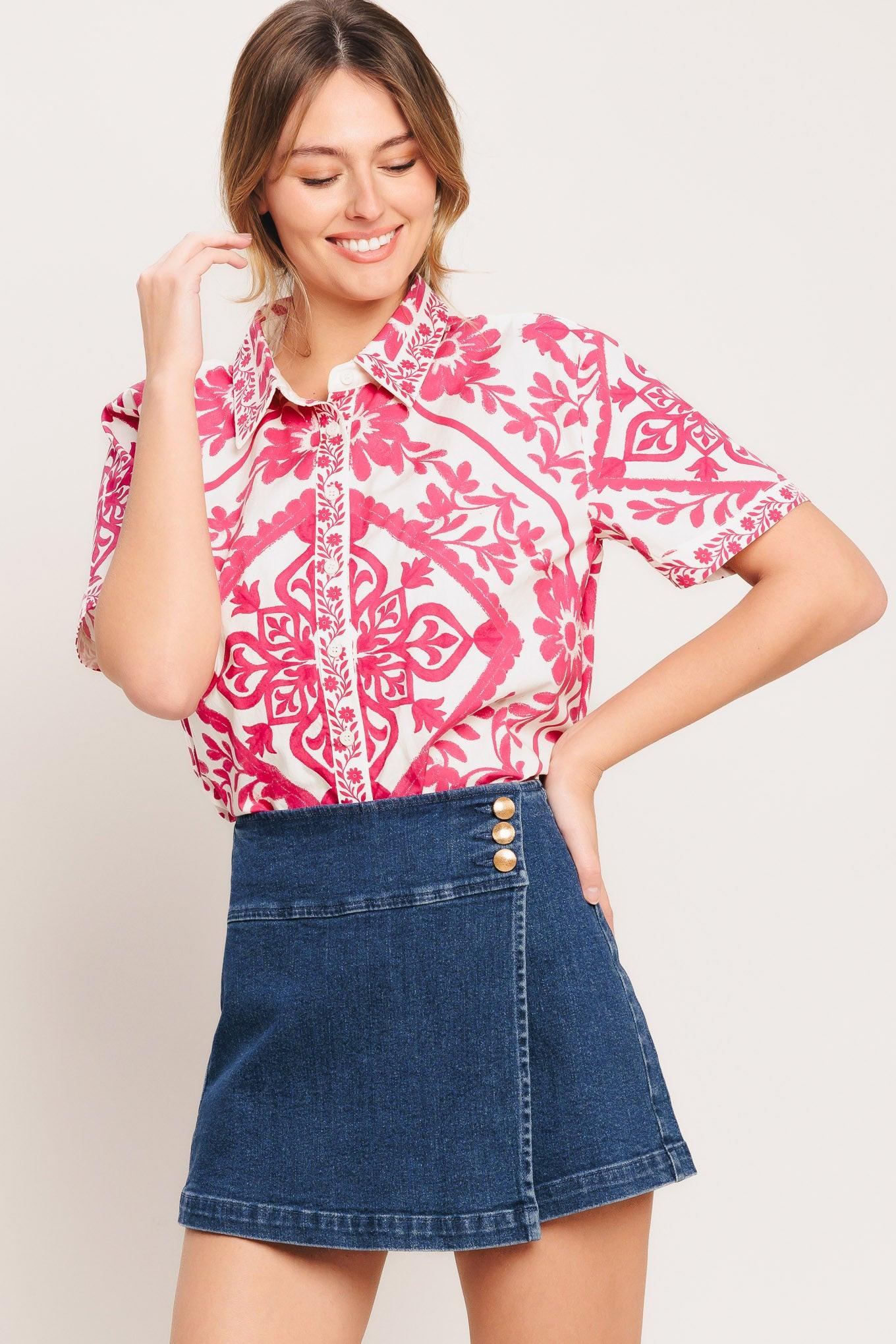 Texture Play Denim Skort in medium indigo, view 5 — Soul Flow Apparel
