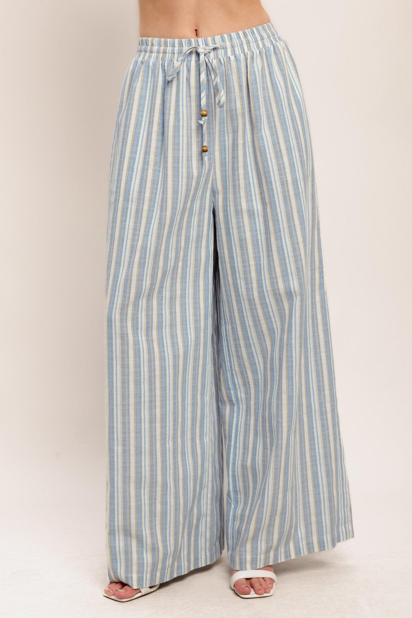 Coastal Day Strip Woven Pants in ivory blue, view 1 — Soul Flow Apparel