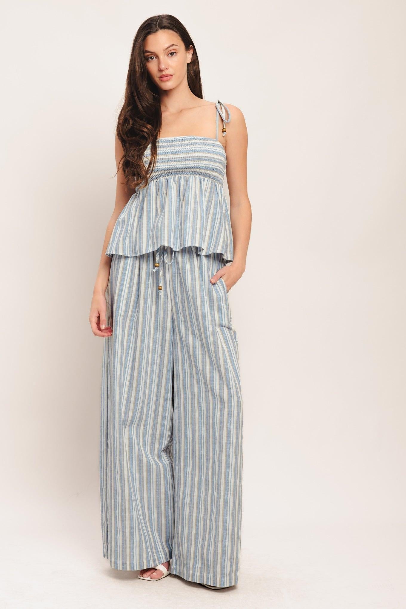 Coastal Day Strip Woven Pants in ivory blue, view 2 — Soul Flow Apparel