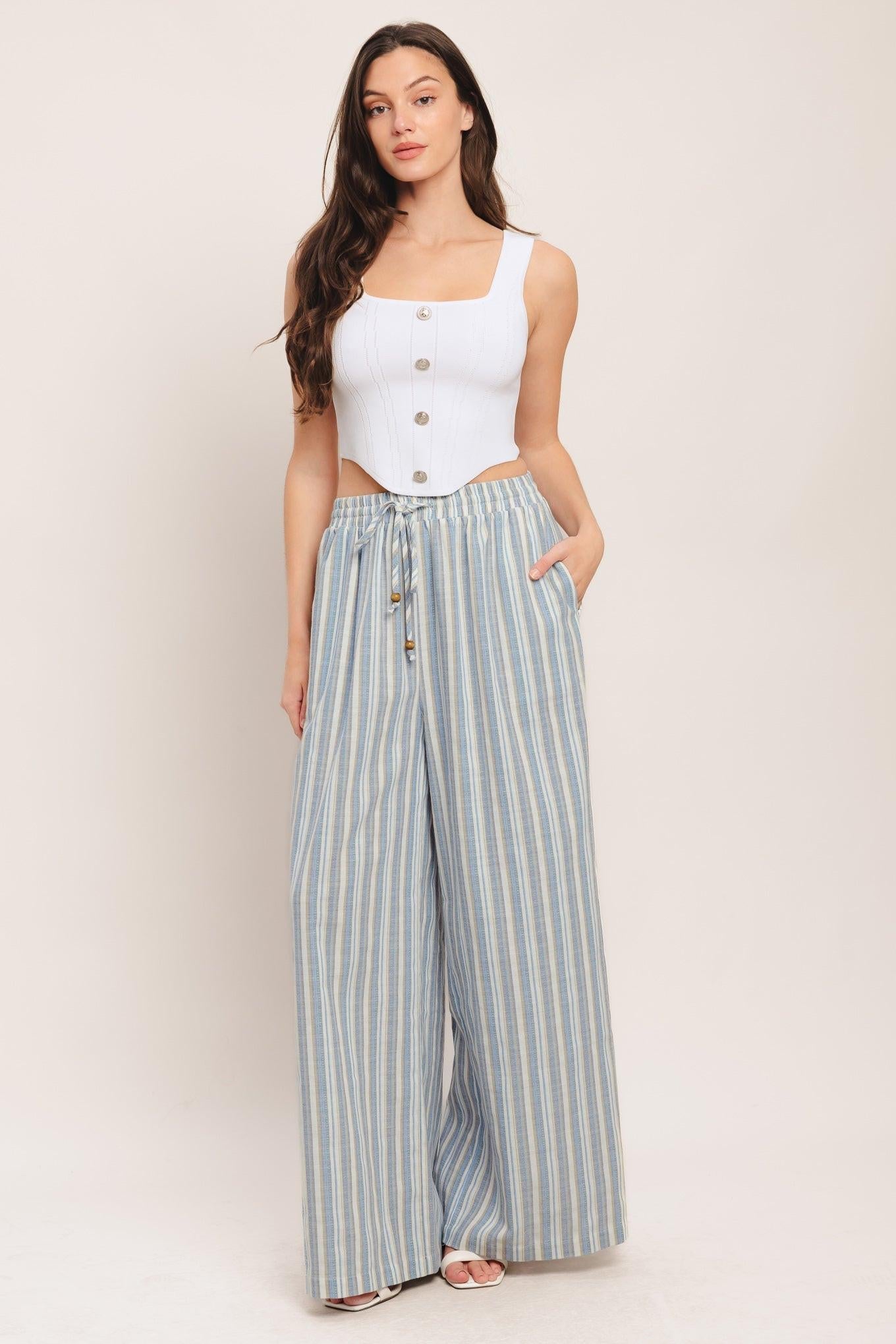 Coastal Day Strip Woven Pants in ivory blue, view 4 — Soul Flow Apparel