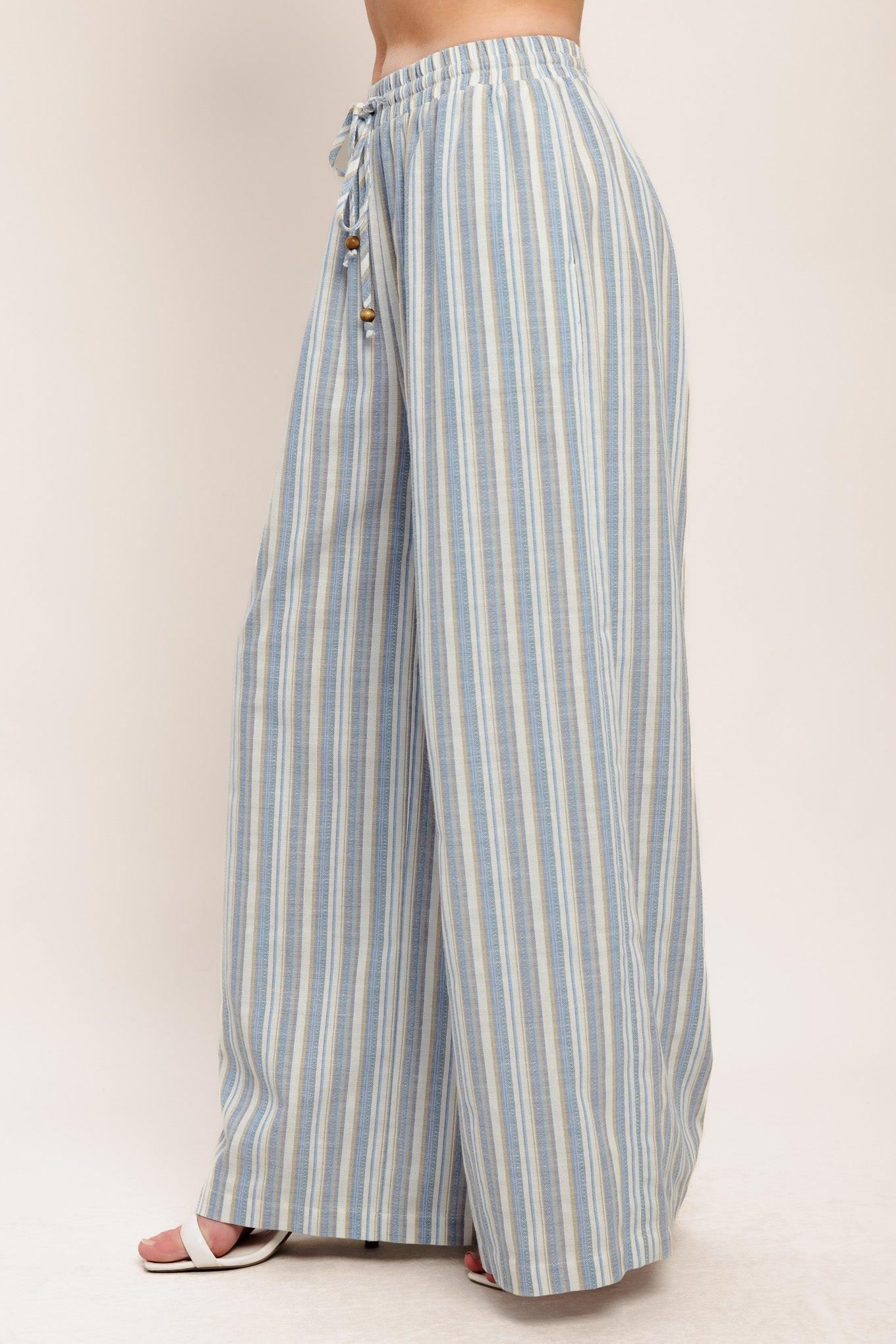 Coastal Day Strip Woven Pants in ivory blue, view 5 — Soul Flow Apparel