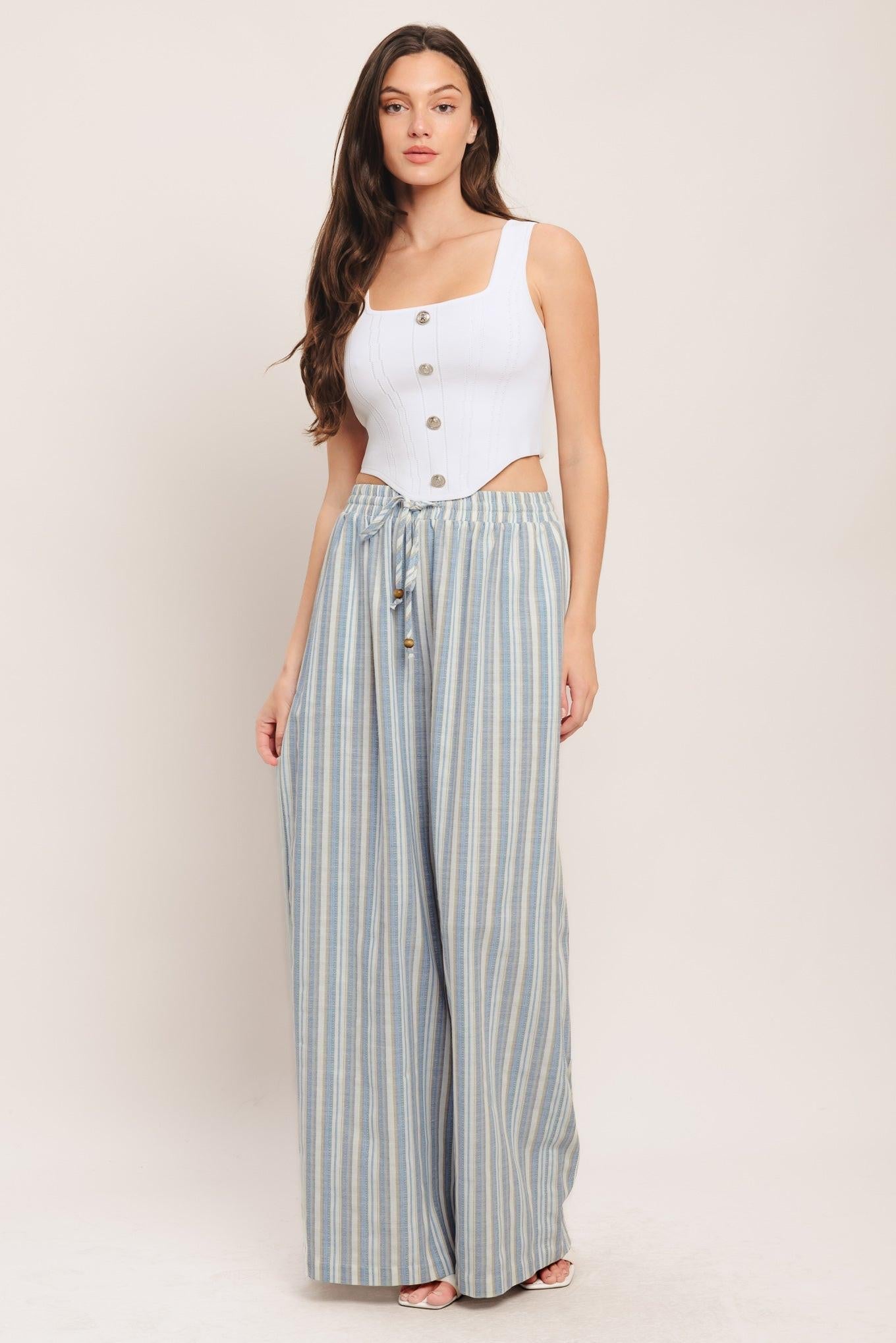 Coastal Day Strip Woven Pants in ivory blue, view 6 — Soul Flow Apparel