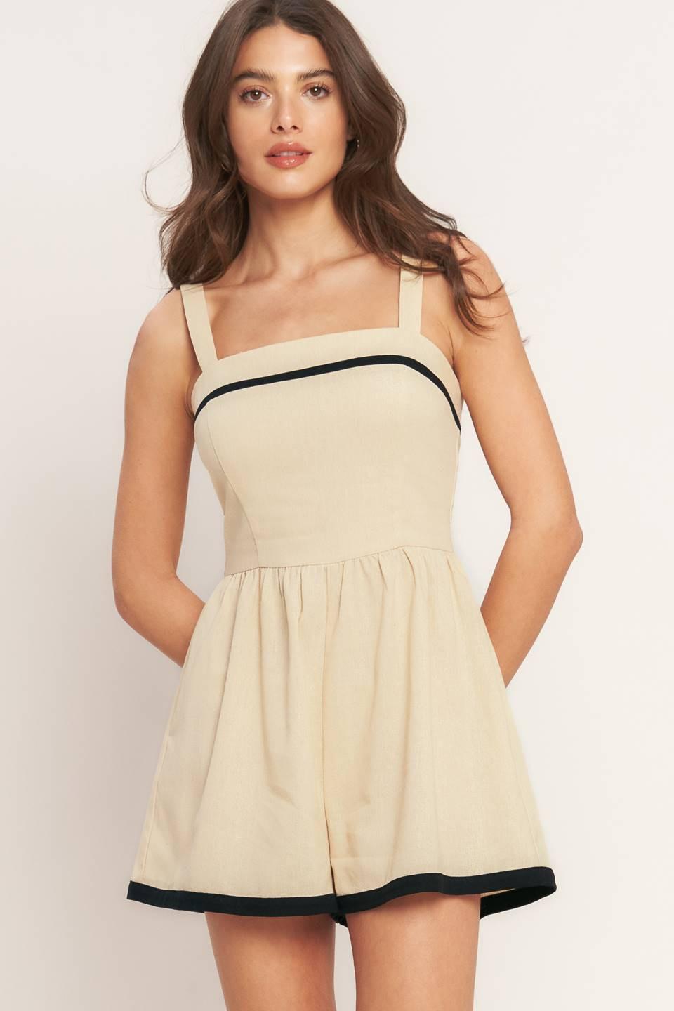 Lovely Line Woven Romper in taupe, view 1 — Soul Flow Apparel