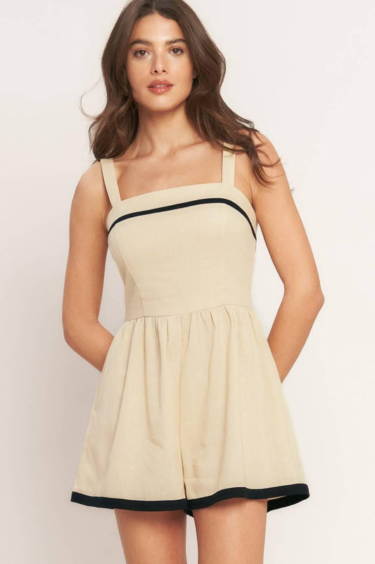 Lovely Line Woven Romper in taupe, view 1 — Soul Flow Apparel