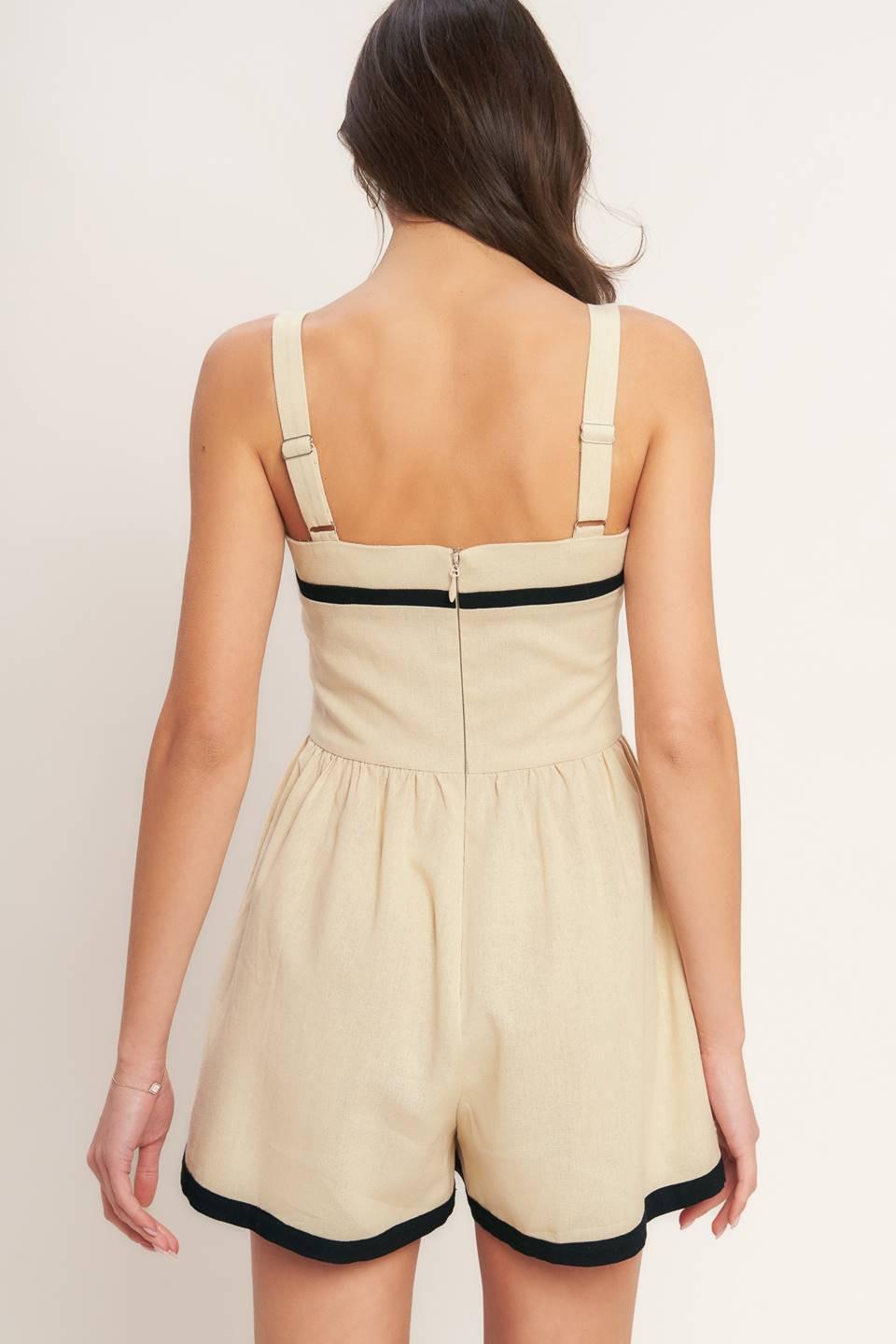 Lovely Line Woven Romper in taupe, view 4 — Soul Flow Apparel